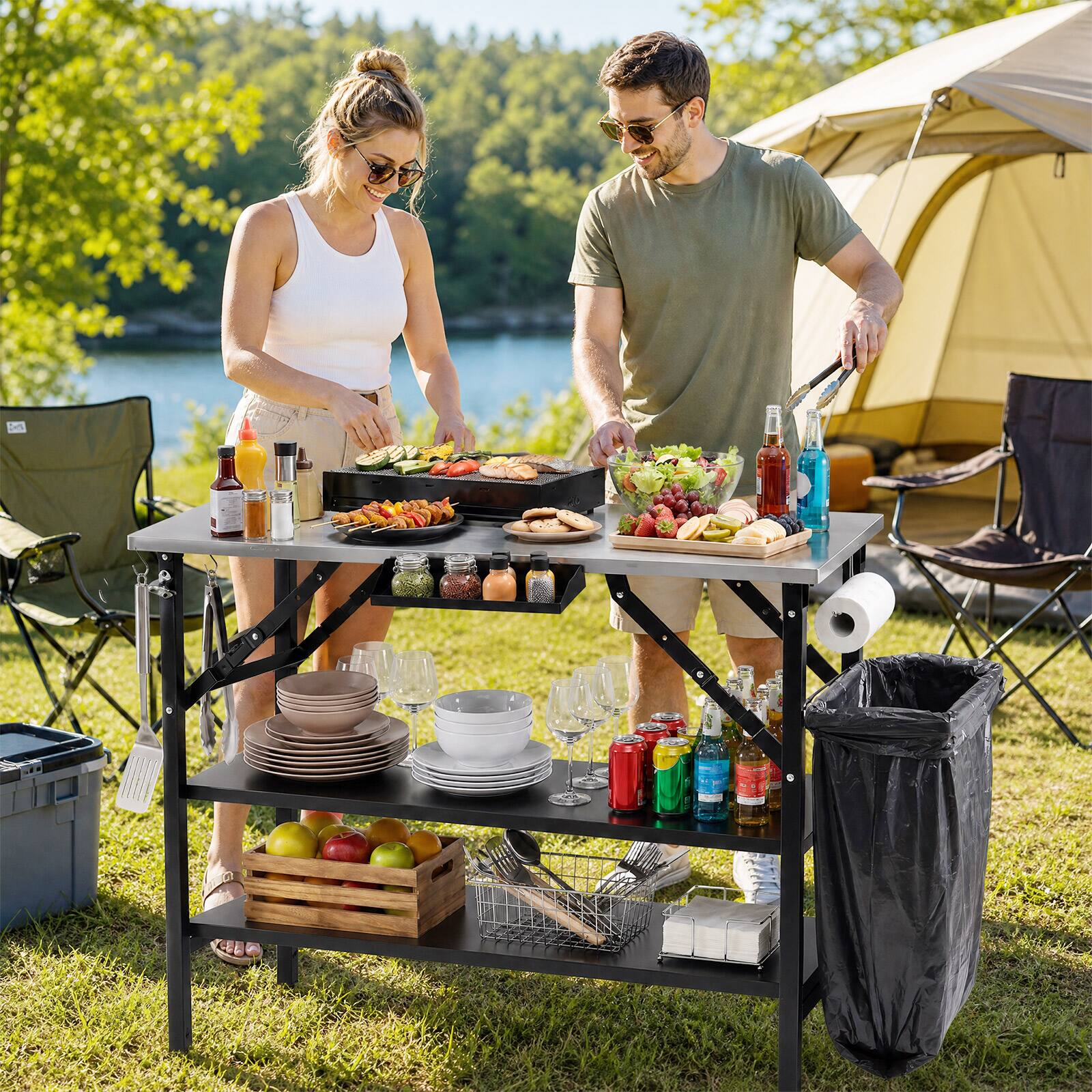 Alt View 3. Costway - Costway Foldable Outdoor Cook Station with 2 Removable Shelves, Trash Bag Holder, 4 S-Hooks - Black + Silver.