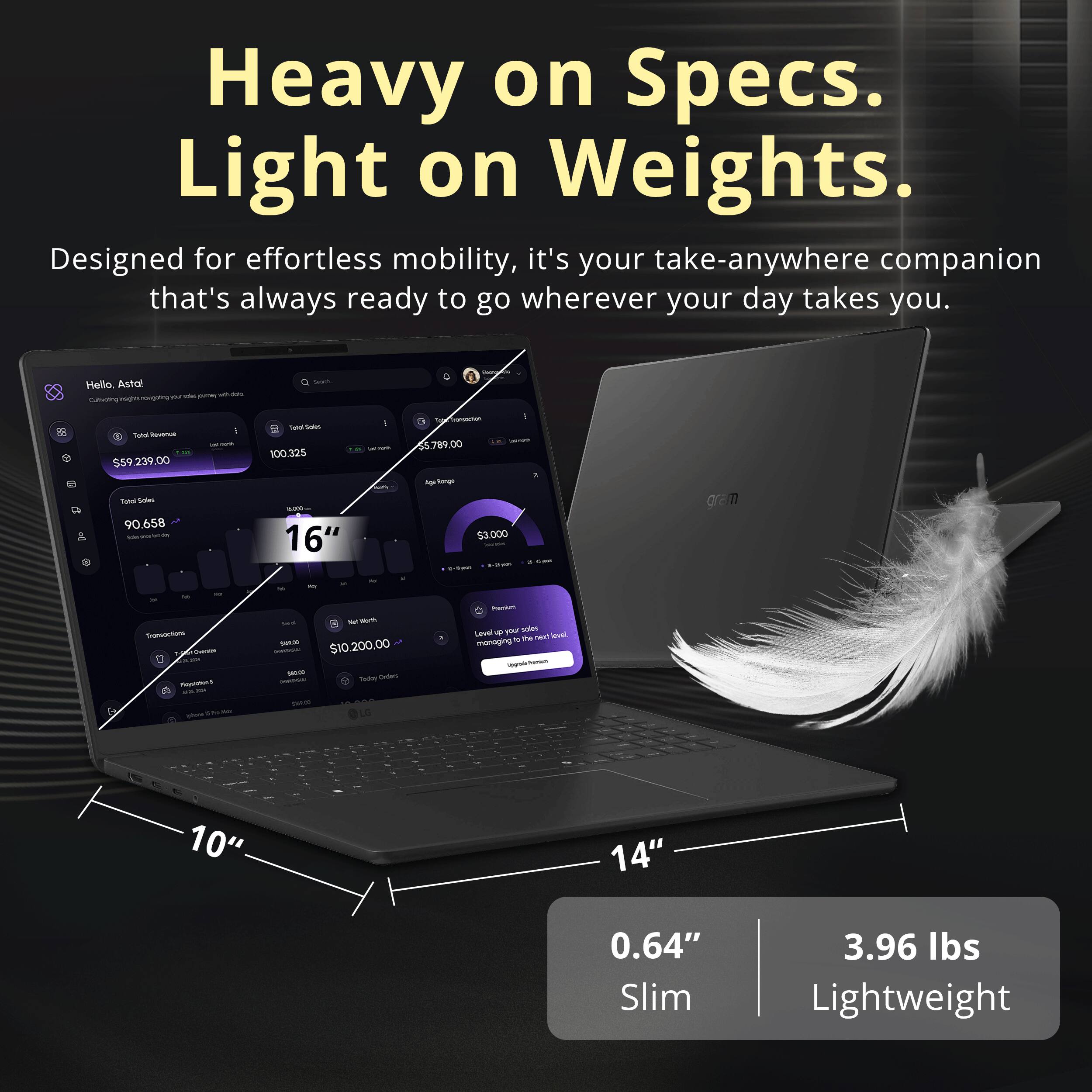 Heavy on Specs. Light on Weights.  
Designed for effortless mobility, it's your take-anywhere companion that's always ready to go wherever your day takes you.  

Hello. Asha nps  
Total Revenue: $59,239.00  
Total Sales: 90,658  
Total Expenses: $59,789.00  
Net Worth: $10,200.00  

10" 14"  
0.64" Slim  
3.96 lbs Lightweight