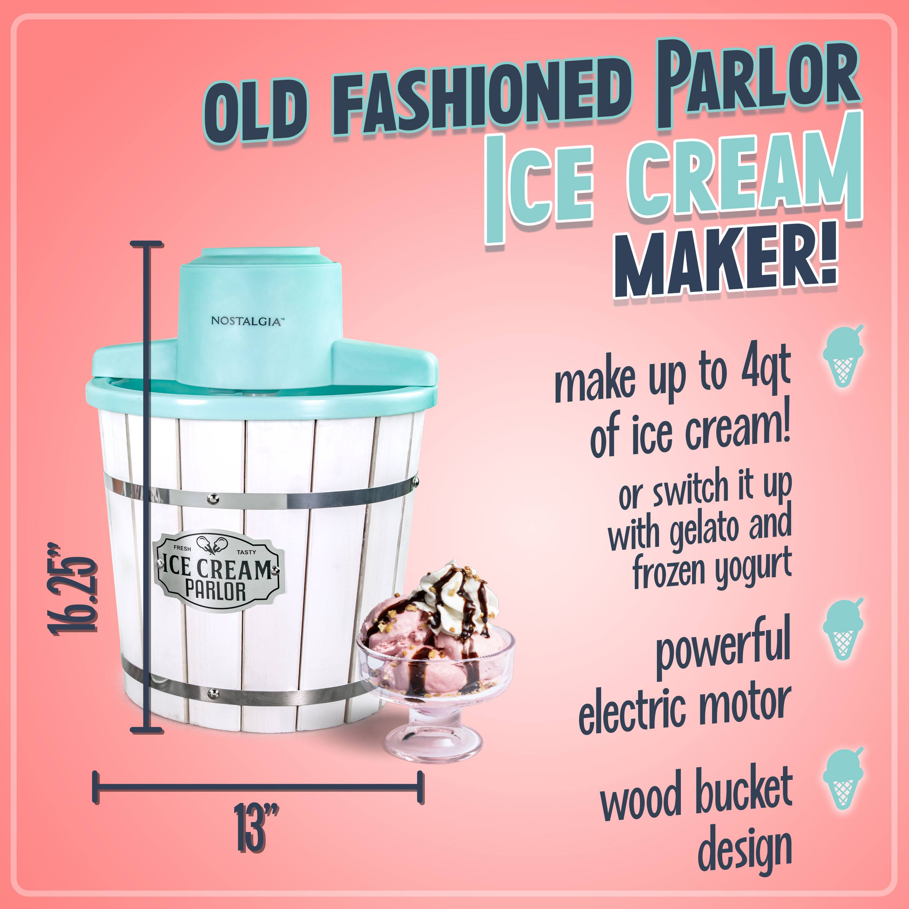 16.25" OLD FASHIONED PARLOR ICE CREAM MAKER!  
NOSTALGIA make up to 4qt of ice cream!  
or switch it up with gelato and frozen yogurt  
powerful electric motor  
wood bucket design  
13"