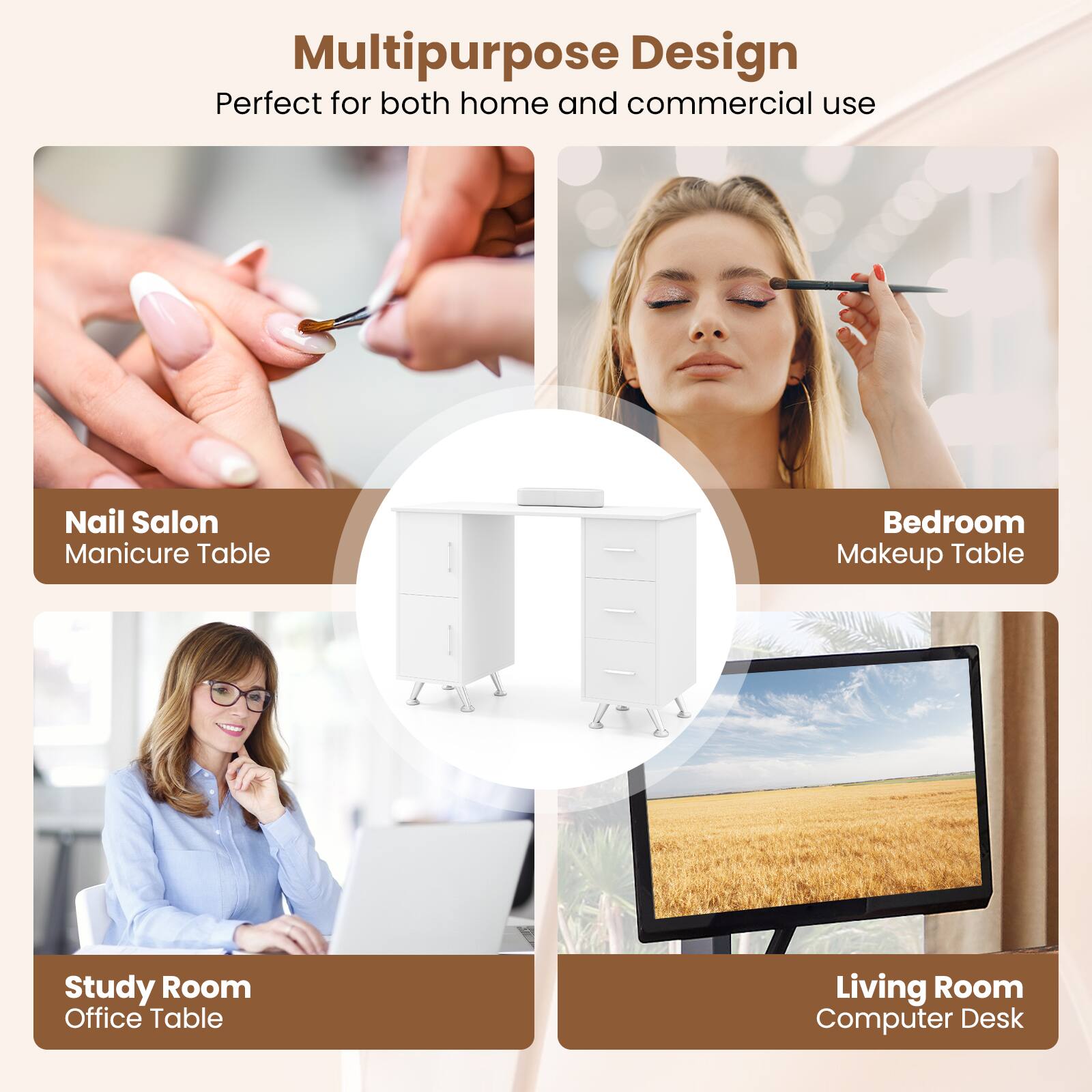 Multipurpose Design Perfect for both home and commercial use

Nail Salon Manicure Table
Bedroom Makeup Table
Study Room Office Table
Living Room Computer Desk