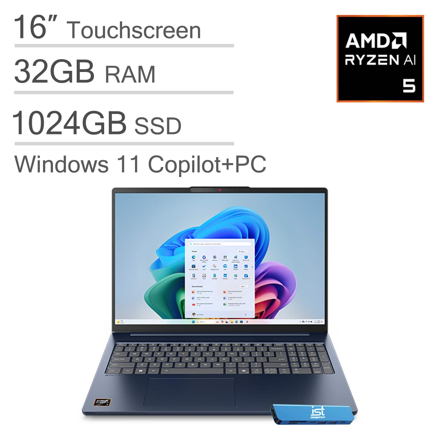 Lenovo - IdeaPad Slim 5 Laptop - 16" FHD+ Touchscreen - Copilot+ PC - AMD Ryzen AI 5 340 - 32GB RAM - 1TB SSD - Windows 11 - Cosmic Blue
