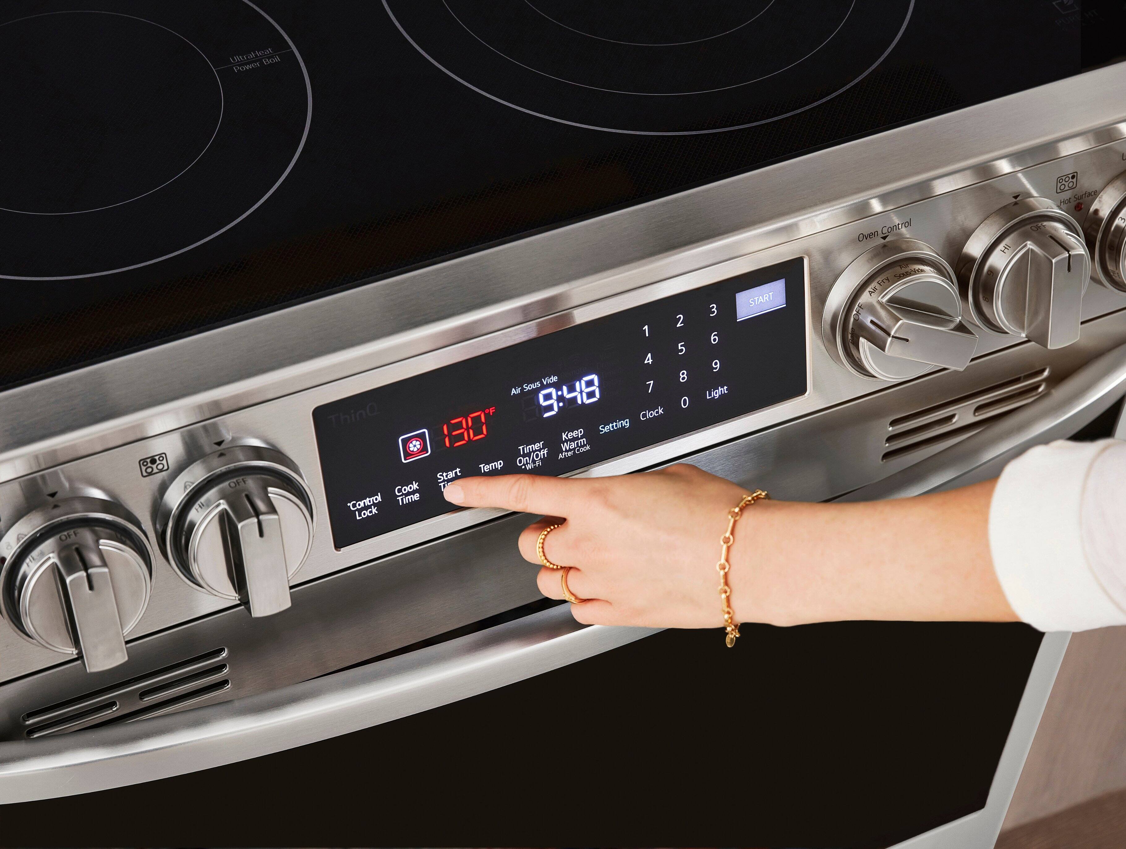 The text on the image reads: "PURNT 130°F Keep Setting Timer AFtCook Warm Cook On/Off After Temp d Start Cook Ti Control Time Lock 3 6 9 Light START Oven Control F SsdiO Air try  Ak DFF TH On 20P OO Hat Surface d."