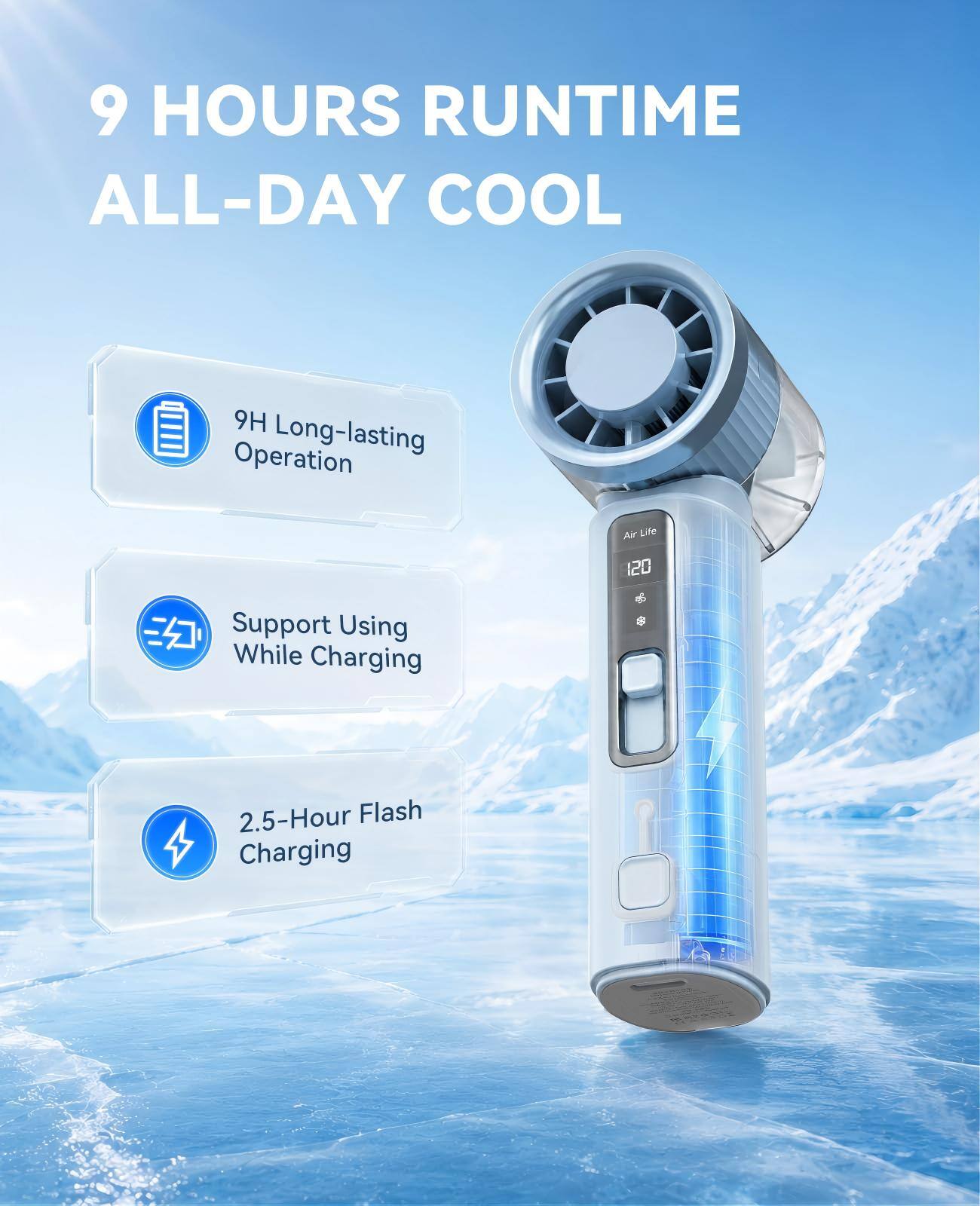 9 HOURS RUNTIME ALL-DAY COOL

9H Long-lasting Operation

Support Using While Charging

2.5-Hour Flash Charging