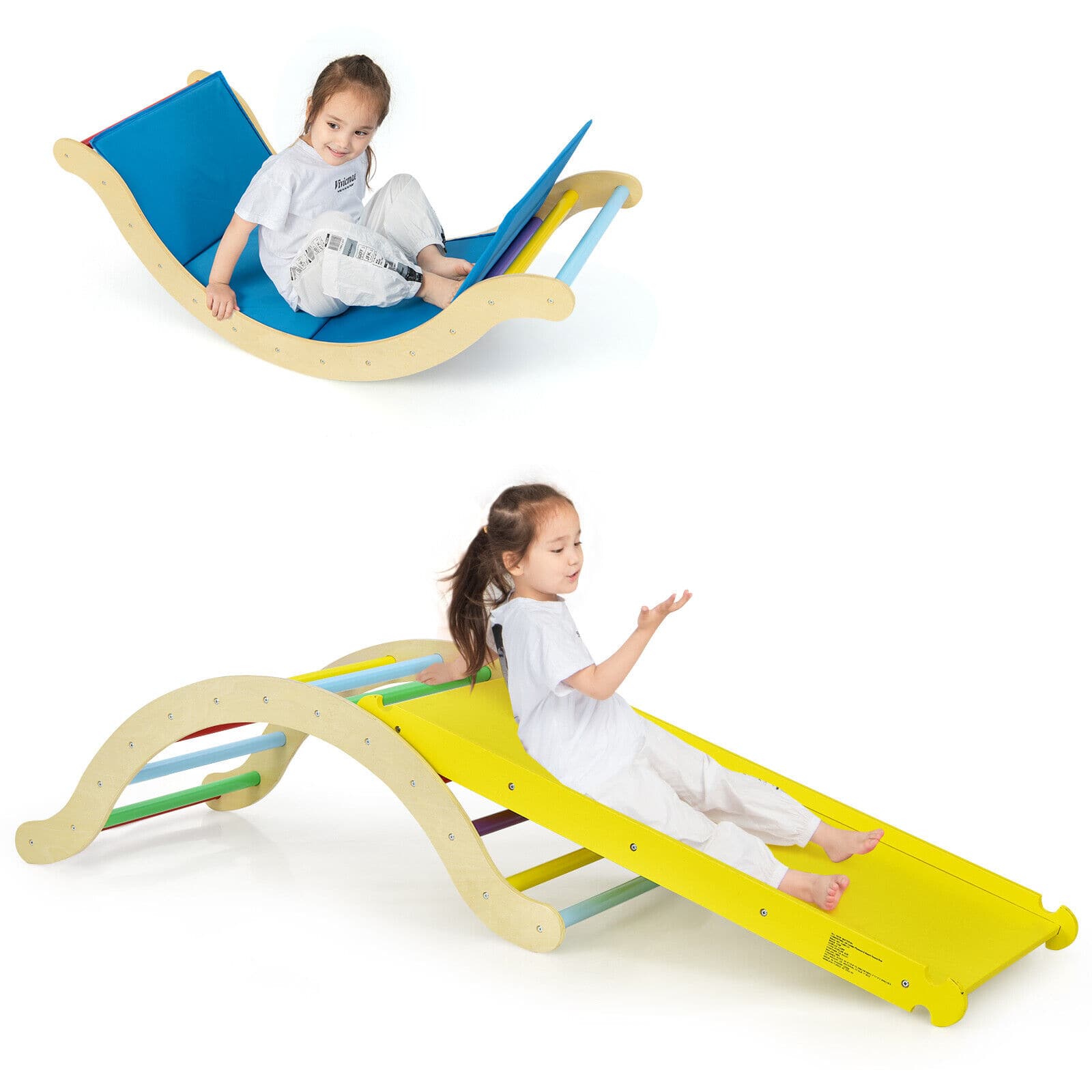 Costway - 3-in-1 Kids Climber Set Wooden Arch Triangle Rocker w/ Ramp & Mat - Multicolor
