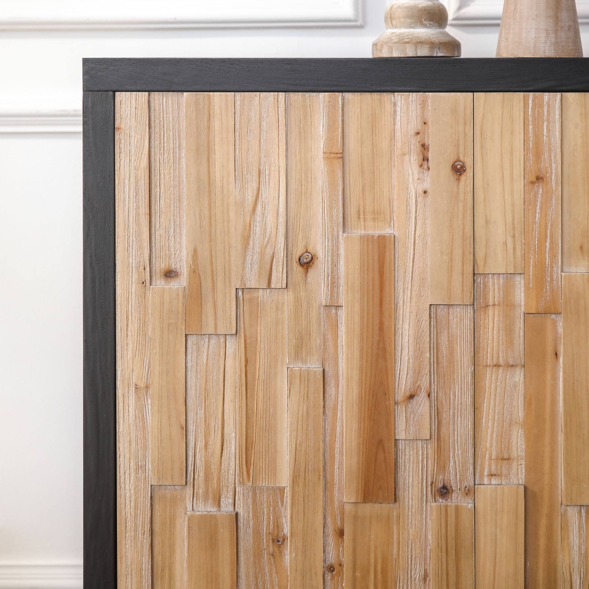 Alt View 2. GOODSILO - Contemporary Geometric Pattern Four-Door Wooden Storage Cabinet for Living Room and Dining Area - Black+Natural.