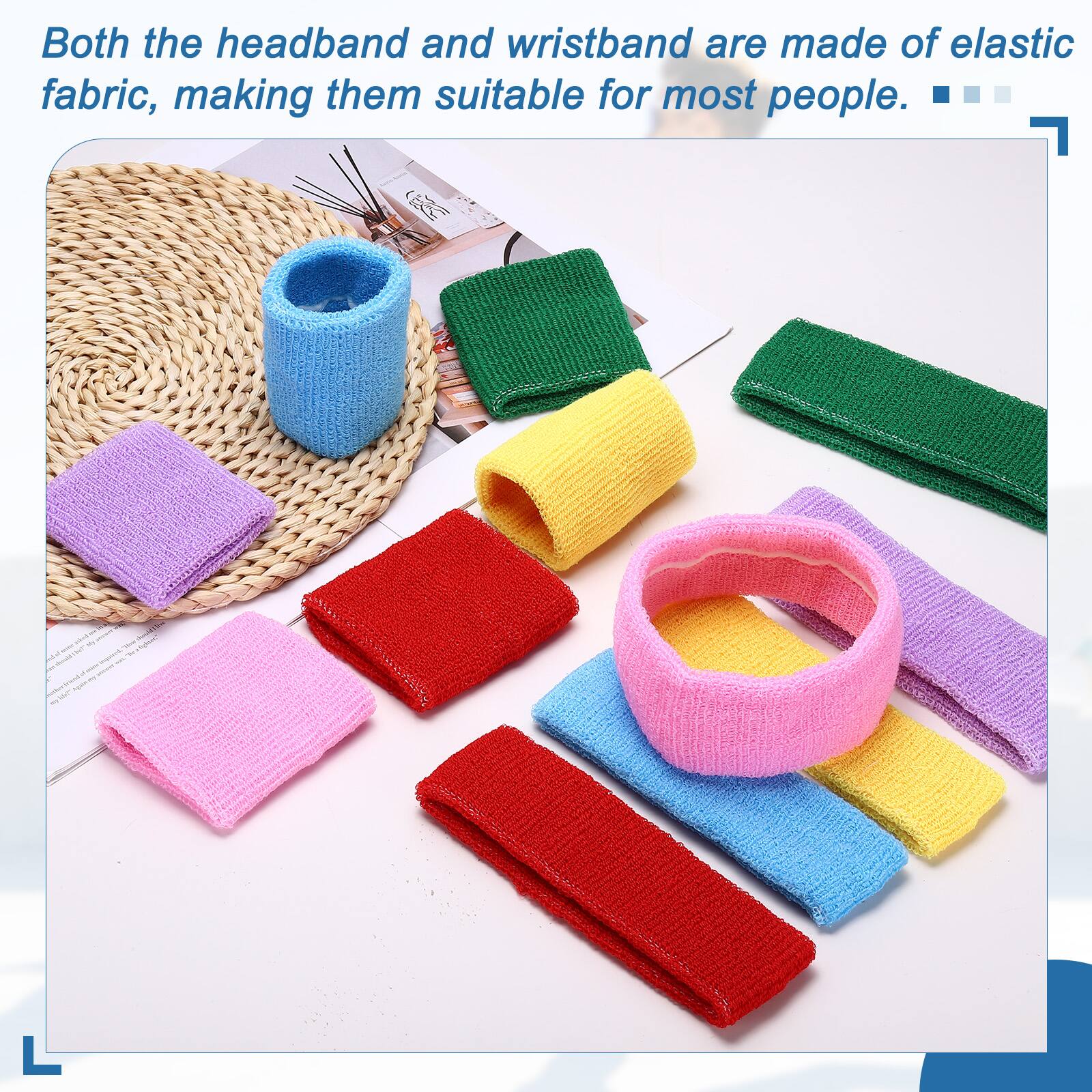 Both the headband and wristband are made of elastic fabric, making them suitable for most people.