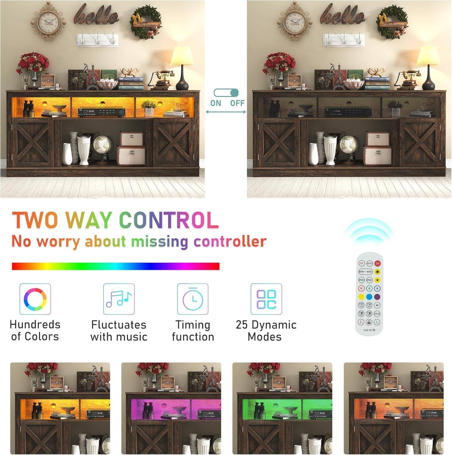 hello  
hello  
ON  
OFF  
TWO WAY CONTROL  
No worry about missing controller  

Hundreds of Colors  
Fluctuates with music  
Timing function  
25 Dynamic Modes