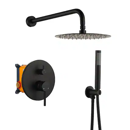 Front. Boyel Living - 1-Spray 10 in. Round Wall Mount Fixed and Handheld Shower Head 1.8 GPM with Pressure Balance Valve in Matte Black - Matte Black.