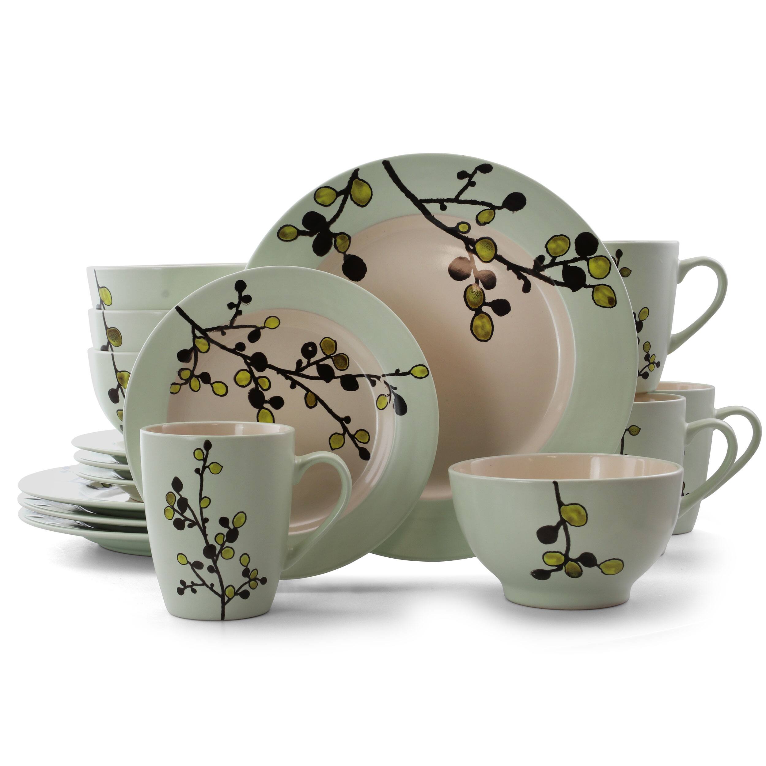 Elama - Retro Bloom 16 Piece Luxurious Stoneware Dinnerware with Complete Setting for 4 - Green