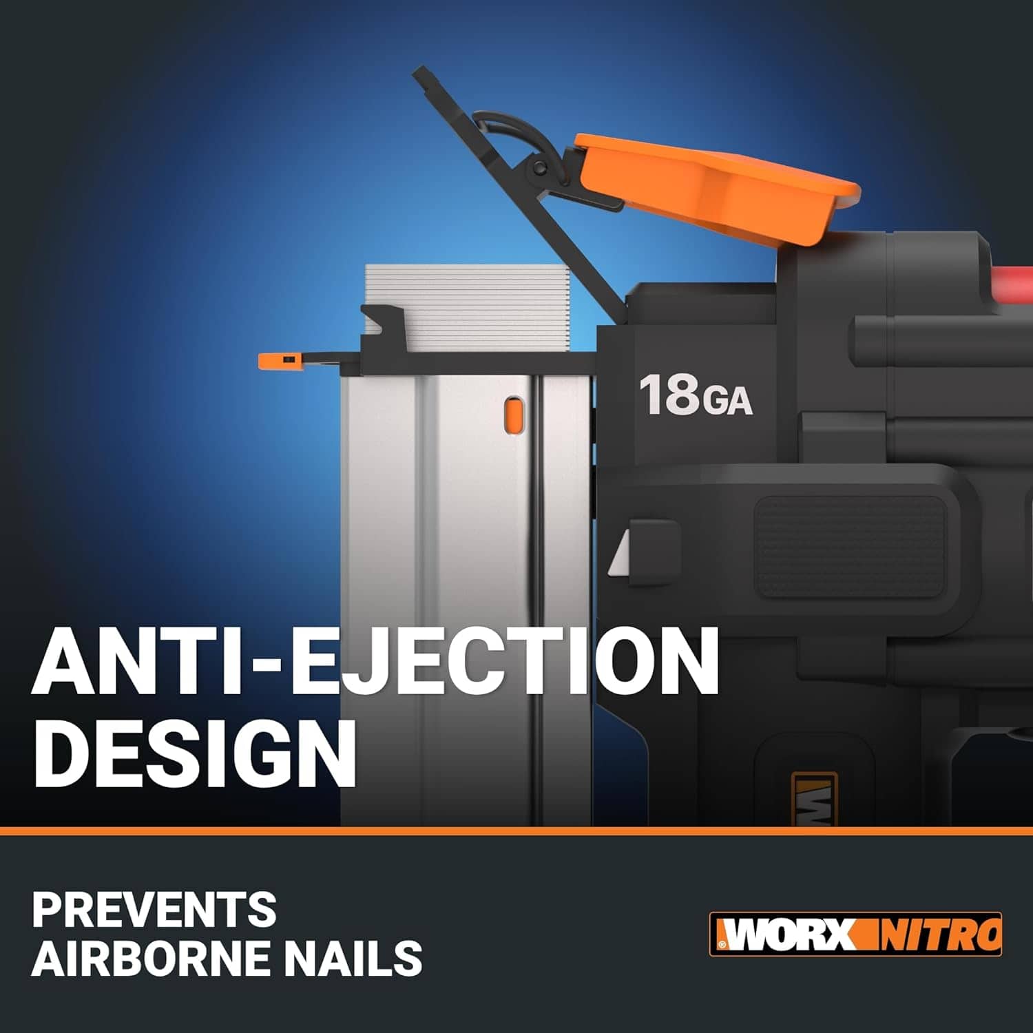 The text on the image reads: "18GA ANTI-EJECTION DESIGN M PREVENTS AIRBORNE NAILS WORX_INITRO."