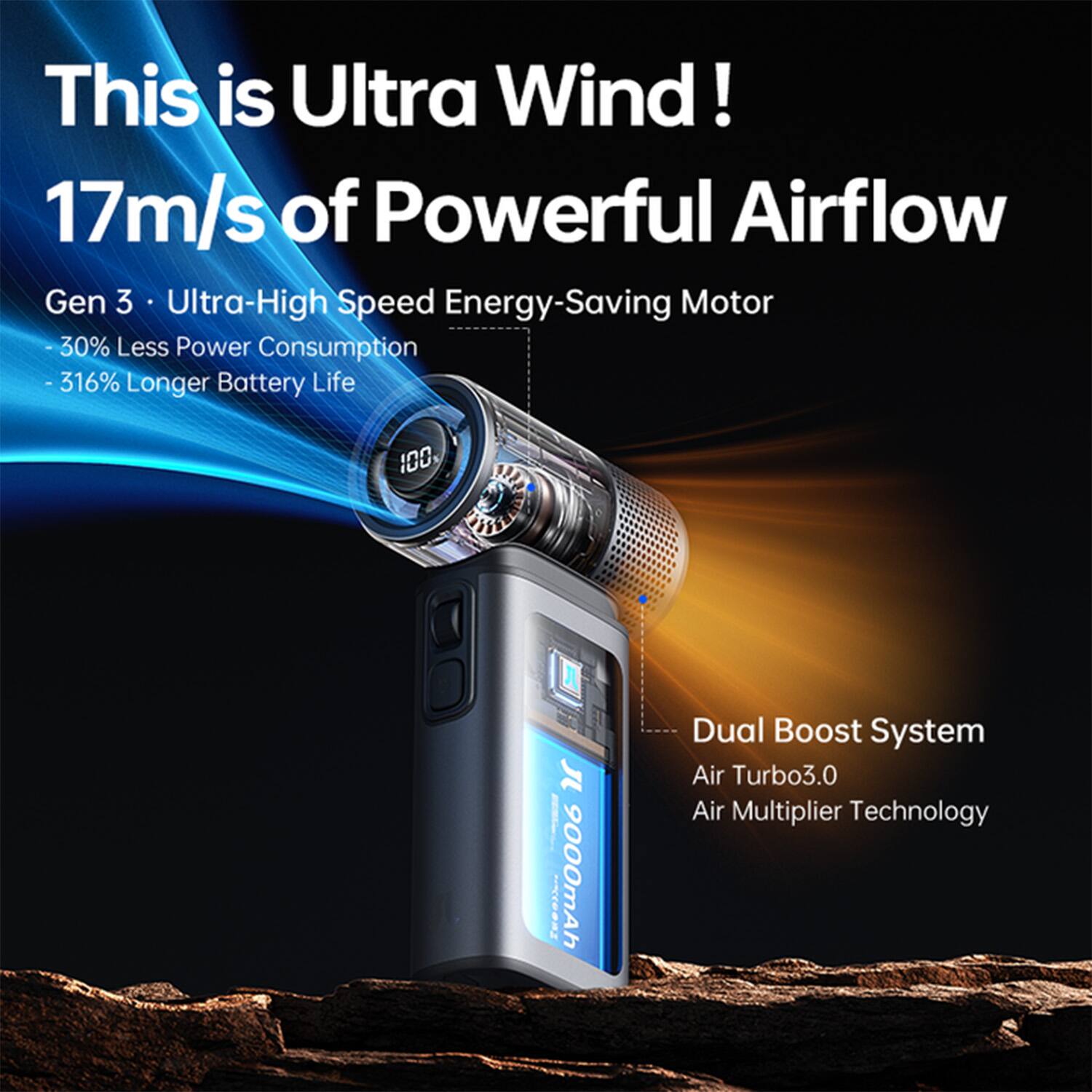 This is Ultra Wind!  
17m/s of Powerful Airflow  
Gen 3 Ultra-High Speed Energy-Saving Motor  
- 30% Less Power Consumption  
- 316% Longer Battery Life  

Dual Boost System  
Air Turbo3.0  
Air Multiplier Technology  

100 A J | Zeesii 9000mAh