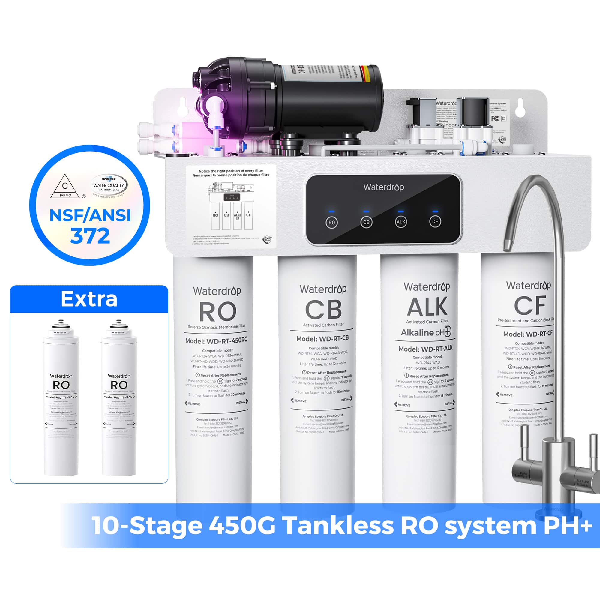 Waterdrop - WD-T4-A Alkaline pH+ Reverse Osmosis Water Filter, extra 2 RTRO Filters - White