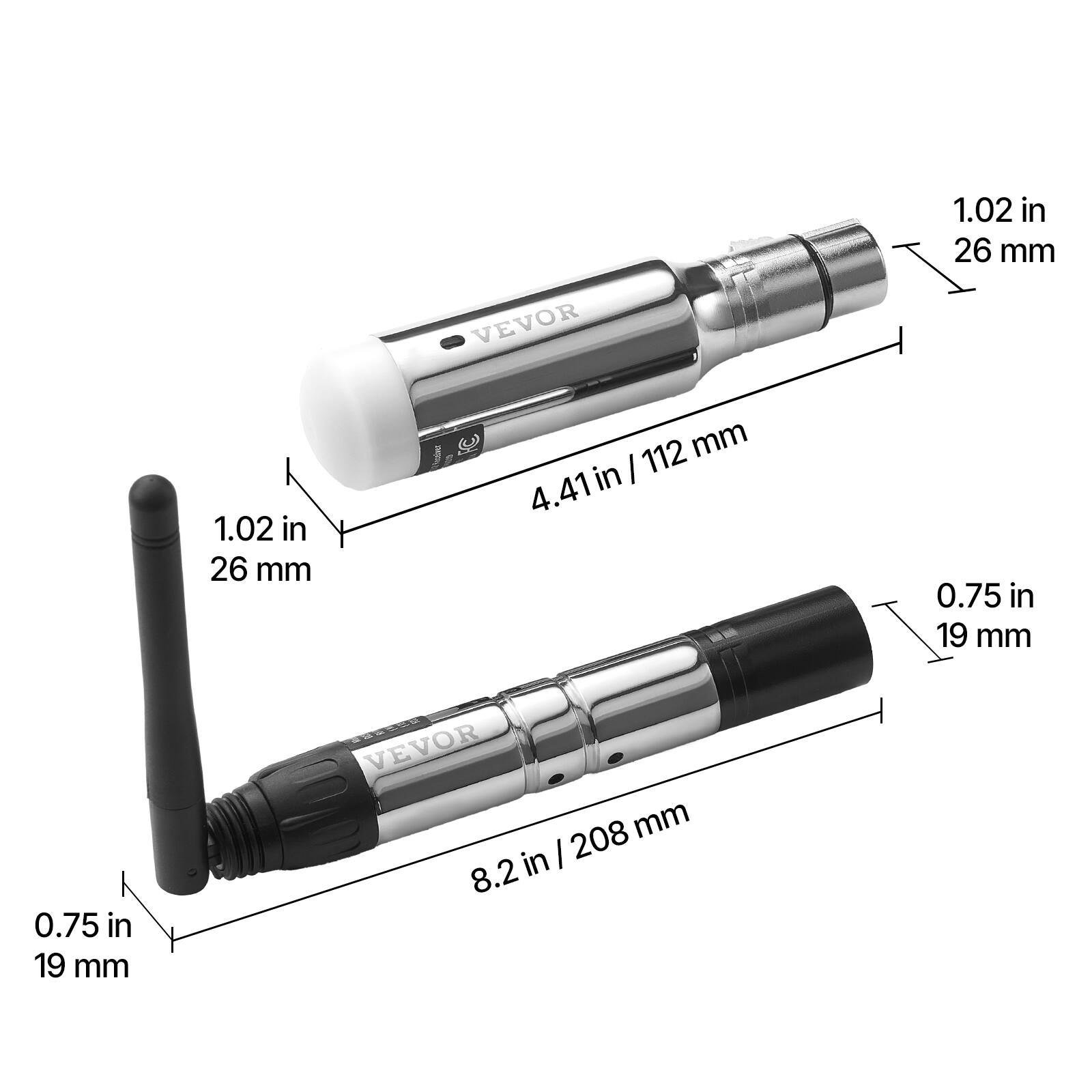 VEVOR

- 1.02 in / 26 mm
- 4.41 in / 112 mm
- 0.75 in / 19 mm

VEVOR

- 8.2 in / 208 mm
- 0.75 in / 19 mm