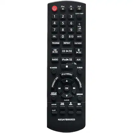 iPod CD PLAY 1 2 3 CLOCK/TIMER 4 5 6 7 8 9 + VOL DEL 0 10 MUTE PROGRAM REPEAT PLAY MODE USB /II CD 8 RADIO iPod /I AUX RE-MASTER D.BASS iPod MENU EQ PRESET BASS/TREBLE H OK DISPLAY -DIMMER SURROUND ALBUM AUTO FRO TUNE MODE K MENU SLEEP N2QAYB000523