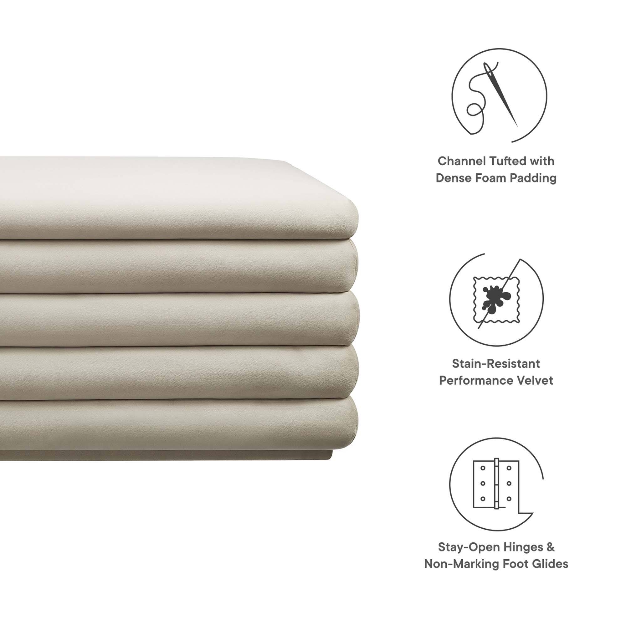 - Channel Tufted with Dense Foam Padding
- Stain-Resistant Performance Velvet
- Stay-Open Hinges & Non-Marking Foot Glides