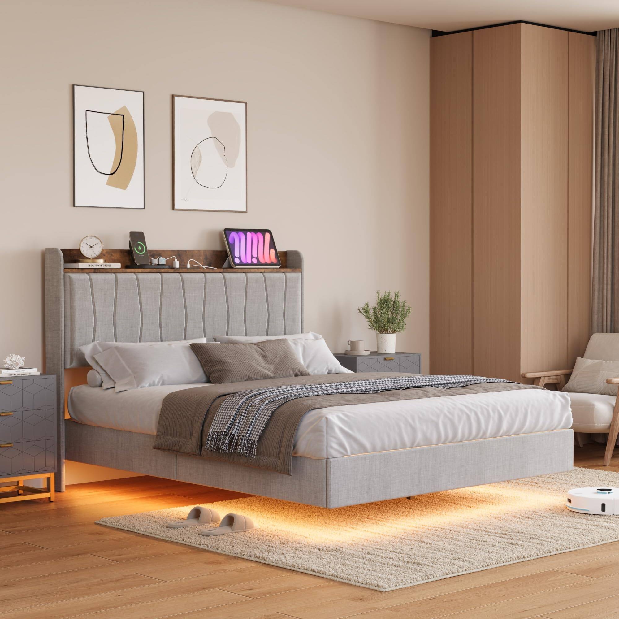 Back. Acekool - Queen Floating Bed Frame with LED Lights, Charging Station & Upholstered Storage Headboard - Gray.