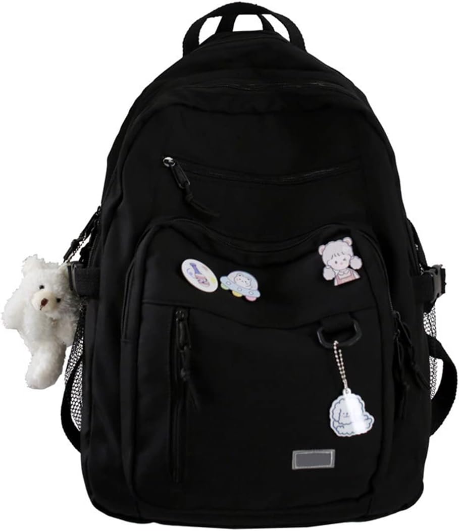 Acteck - Cute Aesthetic Backpack for School Middle Student Travel Backpack Teens Girls Bear Pin Book Bags - Black
