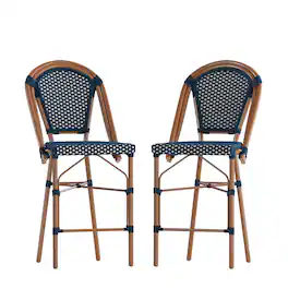 Flash Furniture - Bordeaux Set of 2 Stackable Indoor/Outdoor Bistro 26" High Counter Height Stools, Commercial Grade, Navy/White and Bambo - Blue