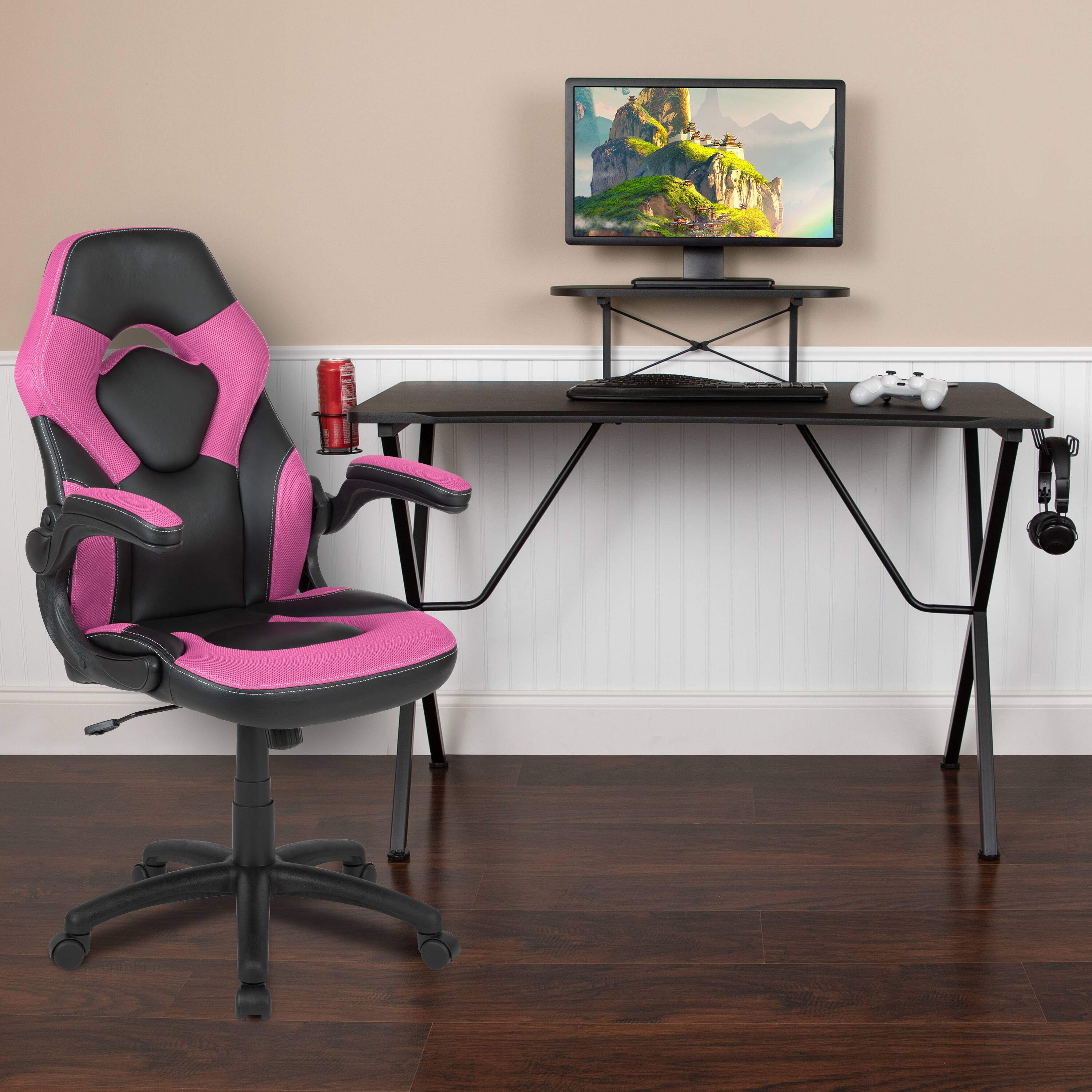 Alt View 1. Emma + Oliver - Gaming Desk and Racing Chair Set with Headphone Hook, and Monitor Stand - Pink.