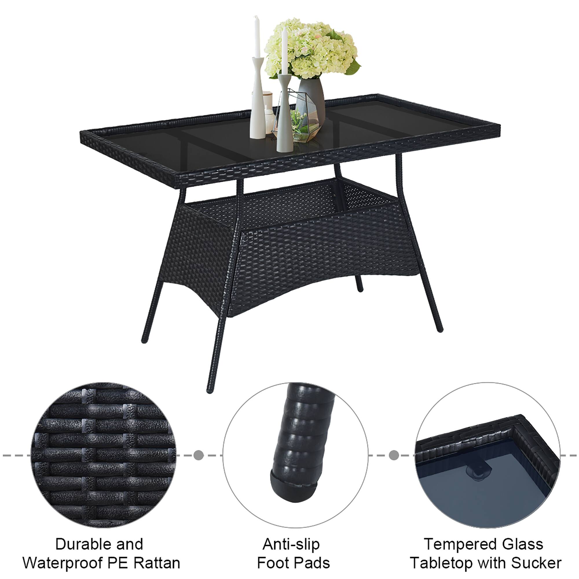 Durable and Waterproof PE Rattan  
Anti-slip Foot Pads  
Tempered Glass Tabletop with Sucker