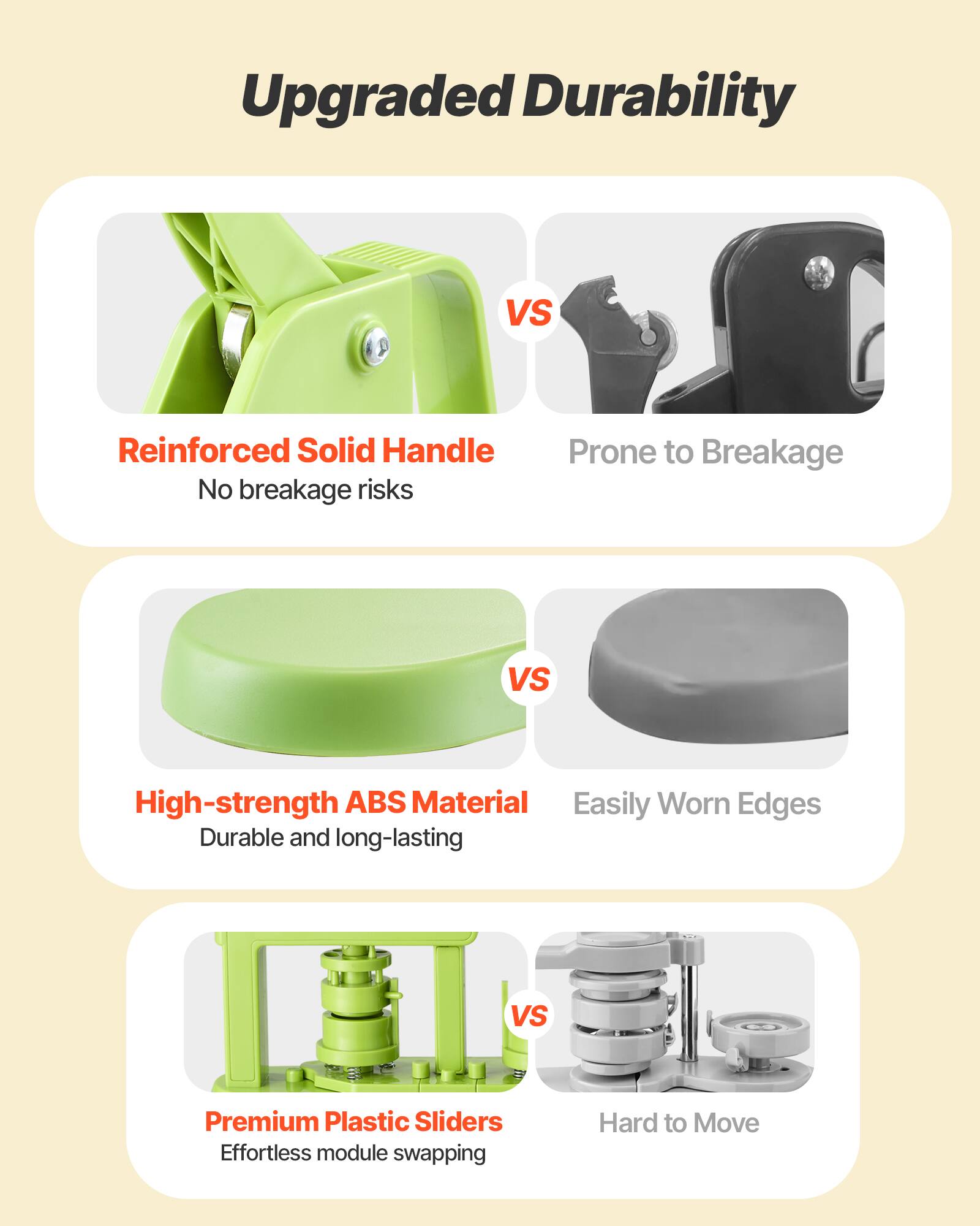 Upgraded Durability

- Reinforced Solid Handle
  - No breakage risks
  - Prone to Breakage

- High-strength ABS Material
  - Durable and long-lasting
  - Easily Worn Edges

- Premium Plastic Sliders
  - Effortless module swapping
  - Hard to Move