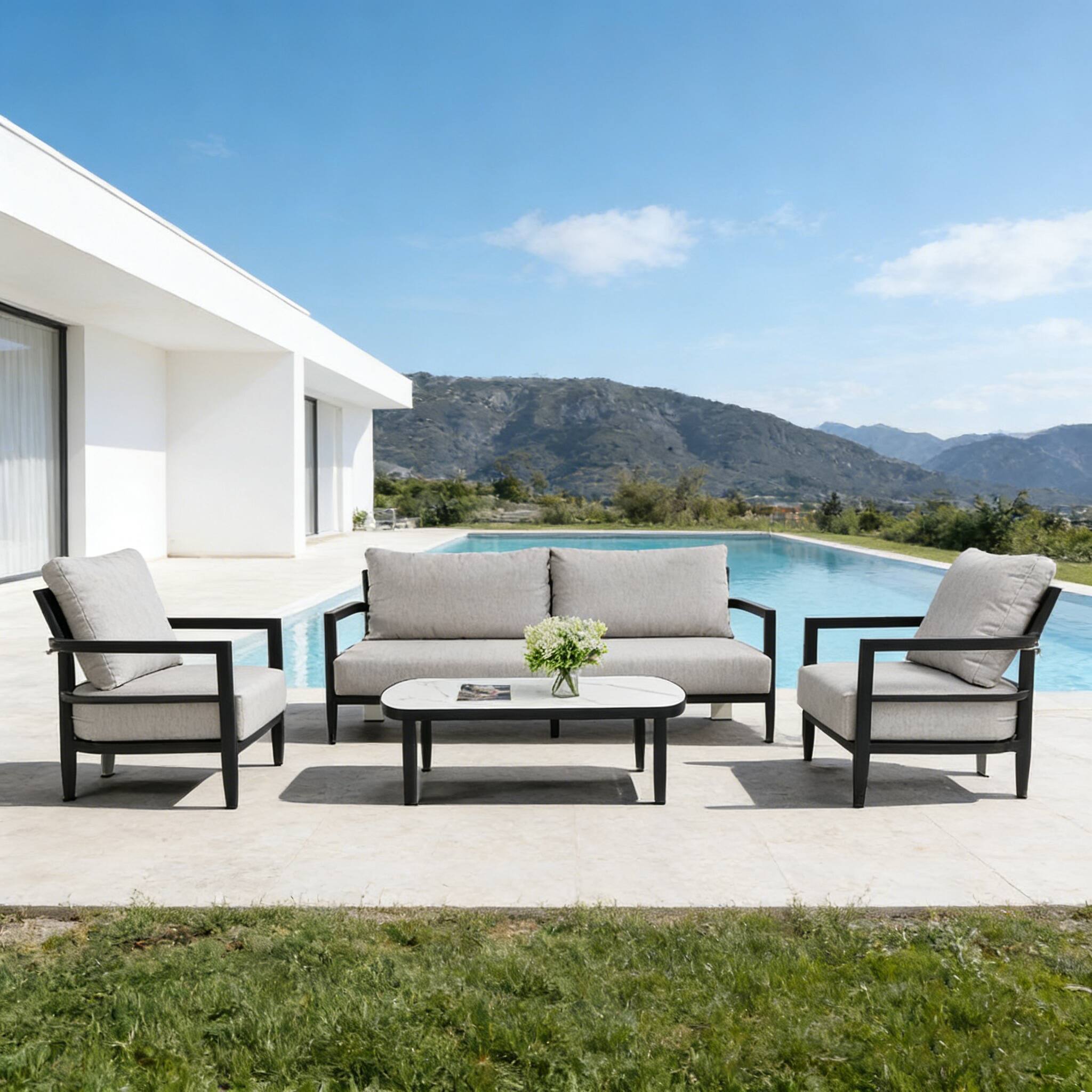 Angle. Mondawe - 6-Piece Outdoor Conversation Set with Fully Weld Club Chairs, Bench Sofa, Marble-Inspired Tables and Sunbrella Cushions - Ember Black+Grey.