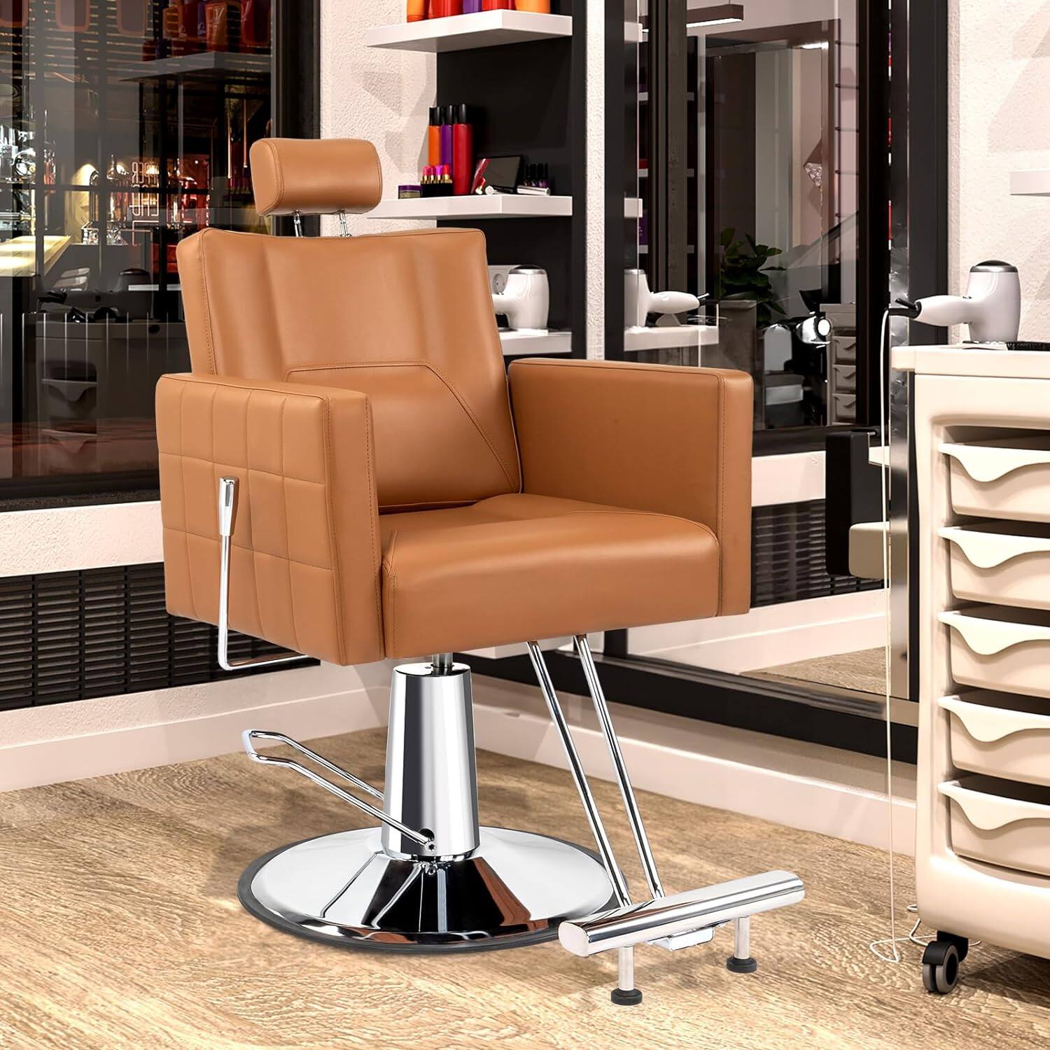 Angle. Winado - Professional Reclining Barber Chair Hydraulic Salon Chair with Memory Foam, Heavy Duty Steel Base, 135 Degree Recline - Camel.