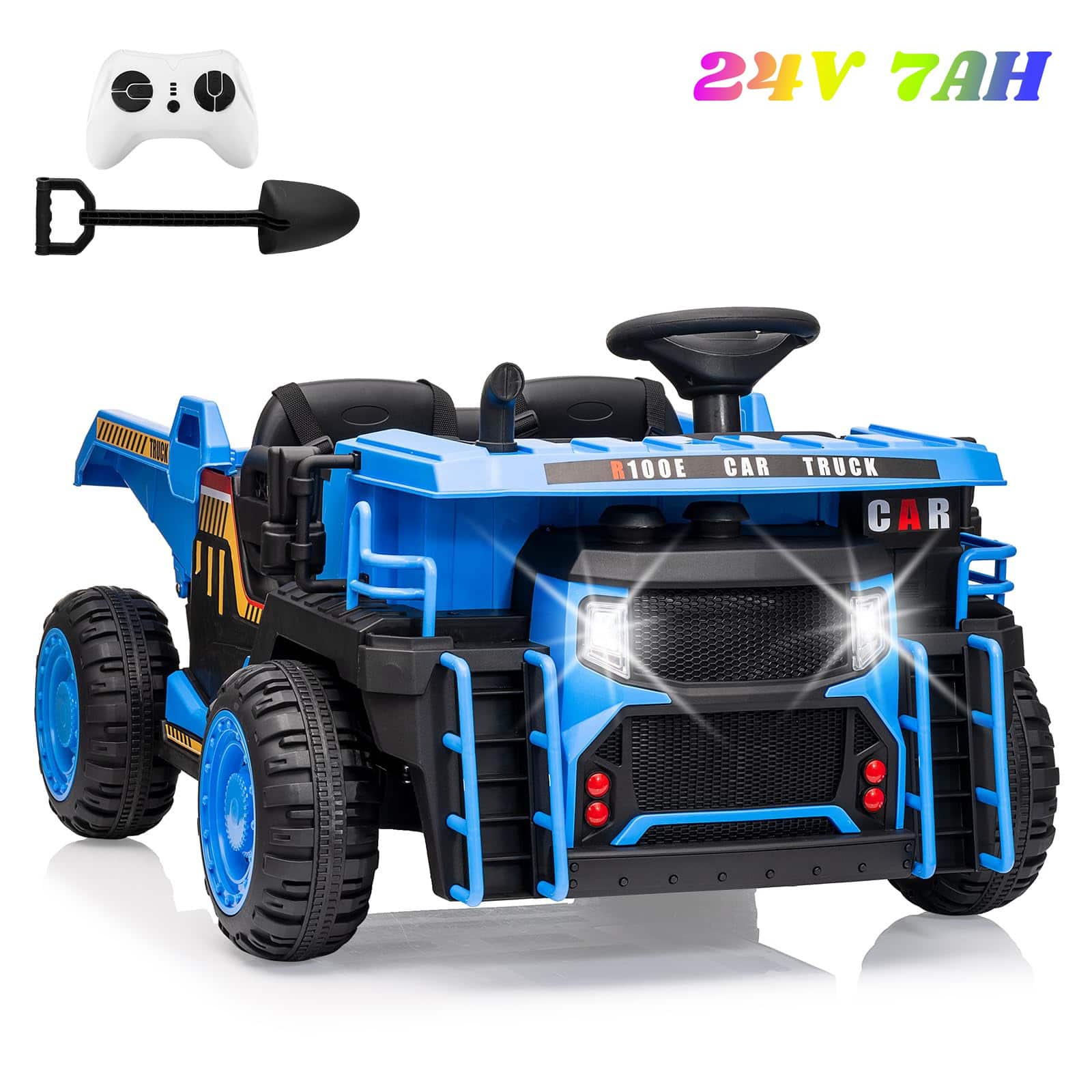 GARVEE - Kids 2-Seater Dump Truck 24V, Remote Control, Motorized Dump Bed, All-Terrain Tires - Blue