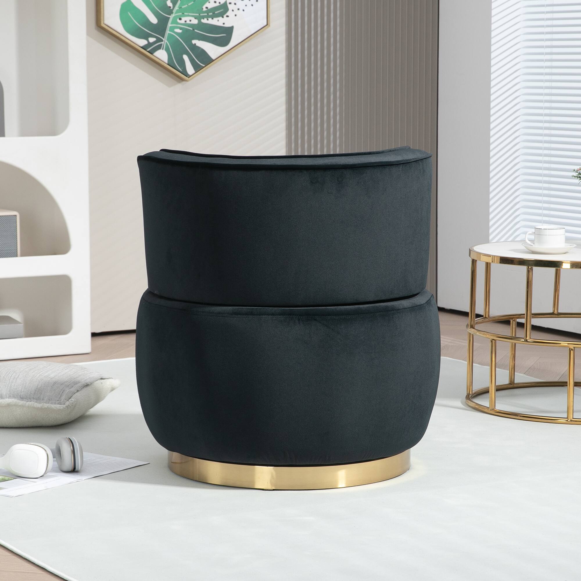 Alt View 3. Trinkets Crazed - Velvet Swivel Accent Barrel Chair, Mid Century Modern Arm Chair 360° Swivel Club Chairs - Black.