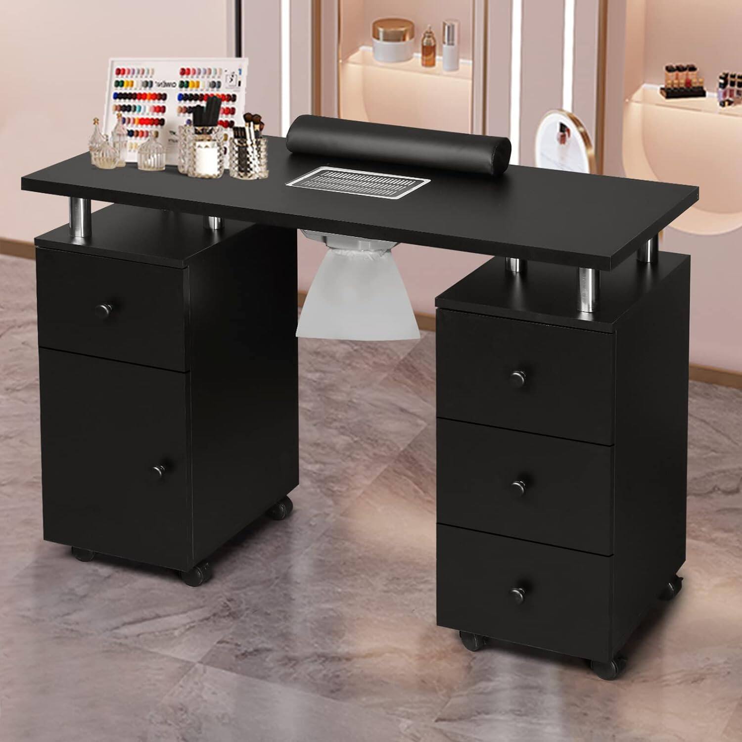Alt View 5. Winado - Manicure Table Nail Desk with Dust Collector, Drawers, Wrist Rest, Lockable Wheels, Cabinetfor Nail Tech, Beauty Salon - Black.