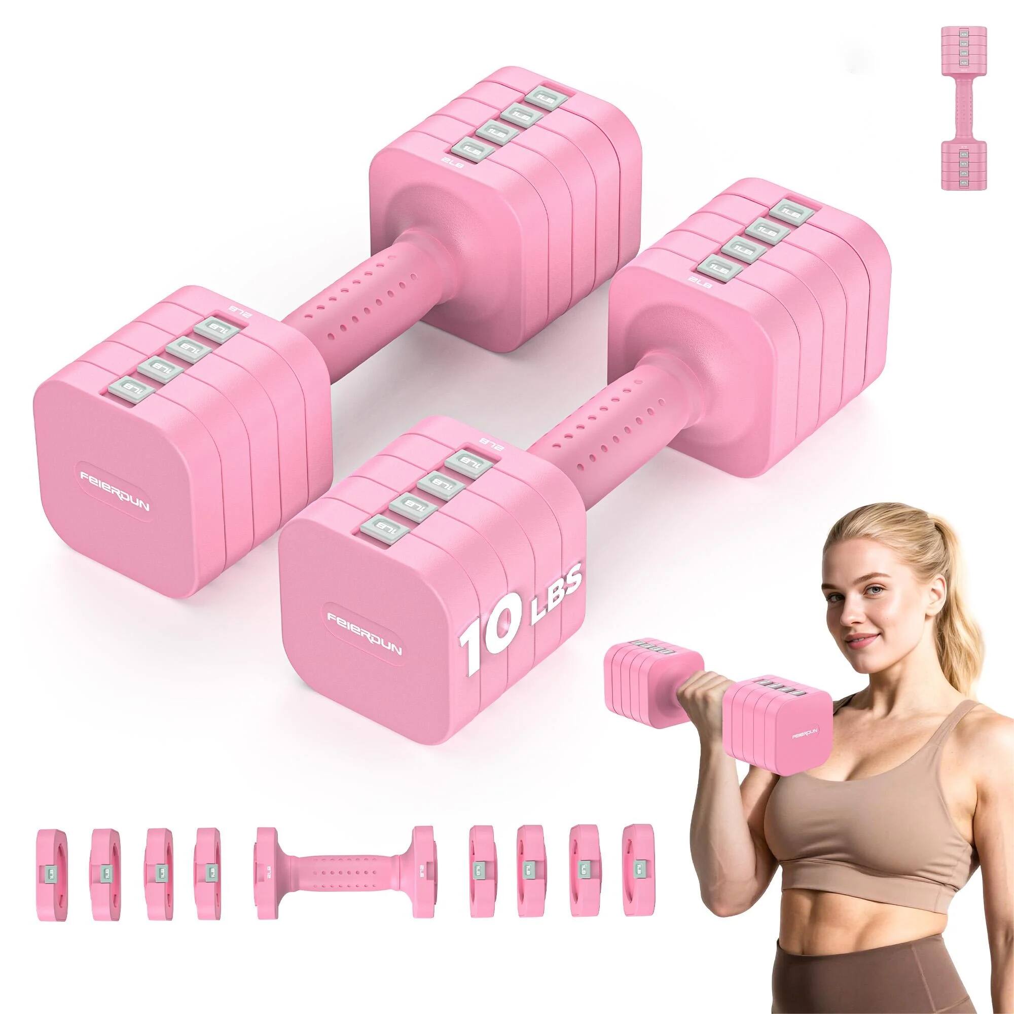 FEIERDUN - 5-in-1 Adjustable Dumbbell Set of 2, 20LBS Hand Weights for Women, 1s-Adjust Dual-Stable Dumbbell Set - Pink