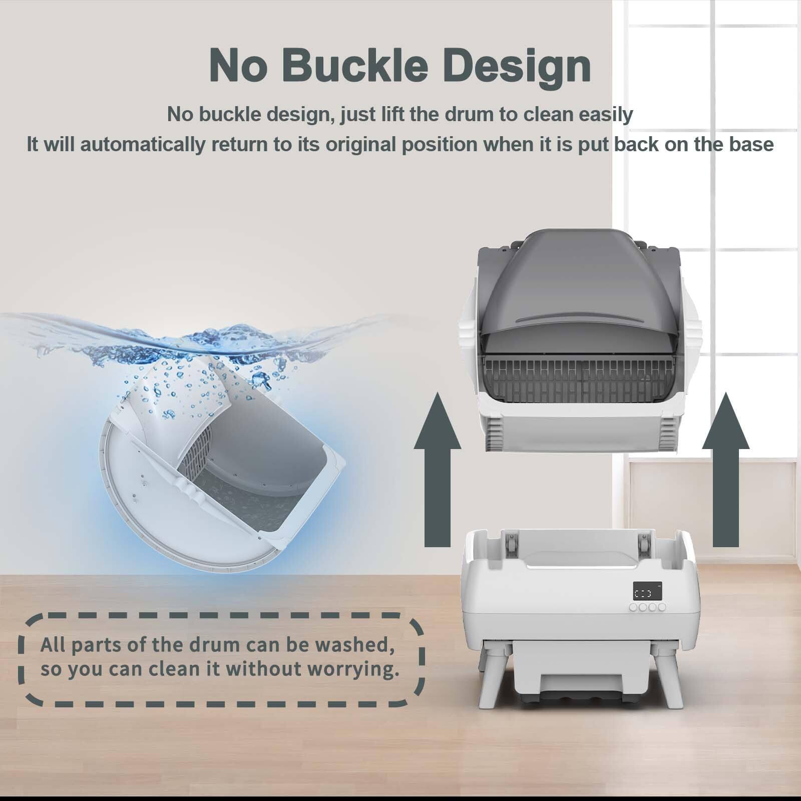 No Buckle Design
No buckle design, just lift the drum to clean easily. It will automatically return to its original position when it is put back on the base.
All parts of the drum can be washed, so you can clean it without worrying.