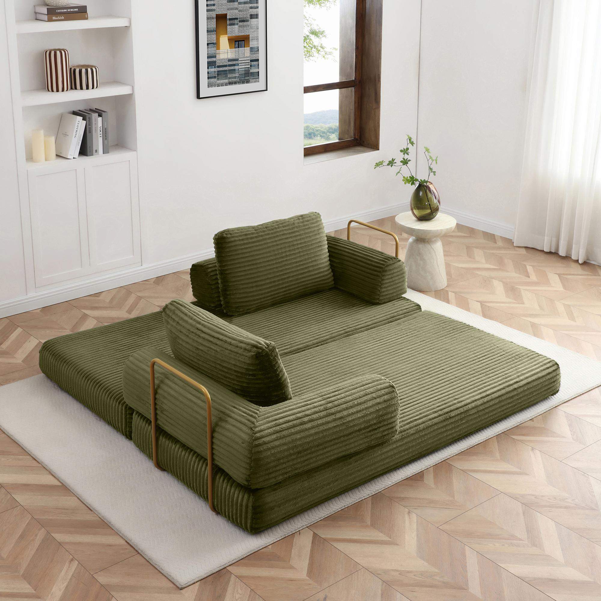 Angle. Roomtec - Convertible Sofa Bed Folding Floor Couch Corduroy Fold Out Couch Bed Futon Sleeper Mattress with Pillows Boneless Sofa - Green.