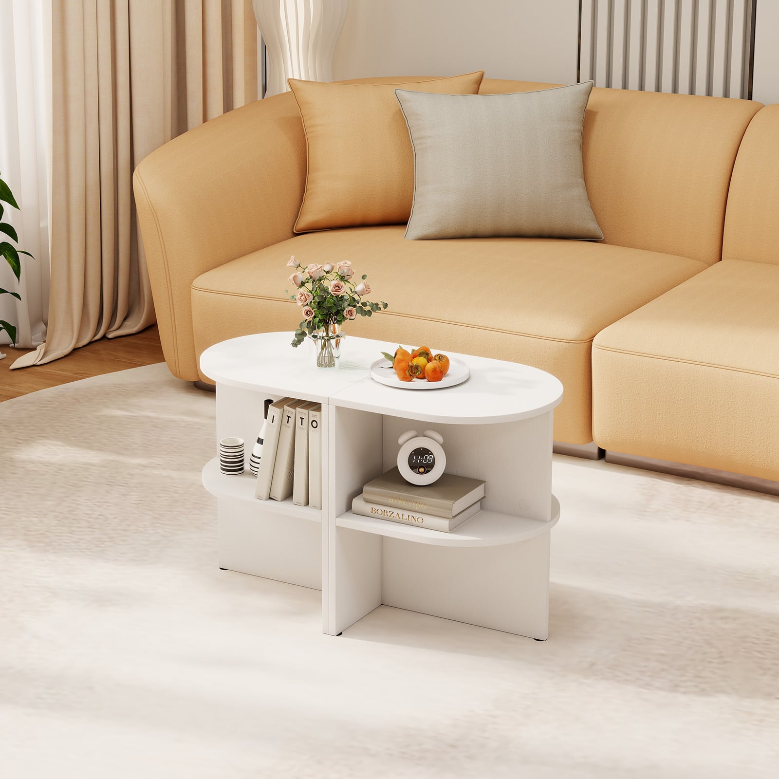 Gymax Half Round Side Table 2 tier Wooden Nightstand w/Open