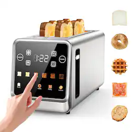 Teendow - 4-Slice Touchscreen Toaster, 1400W Stainless Steel, Extra-Wide 1.5" Slots, 5 Bread Modes, 6 Shade Settings - Silver