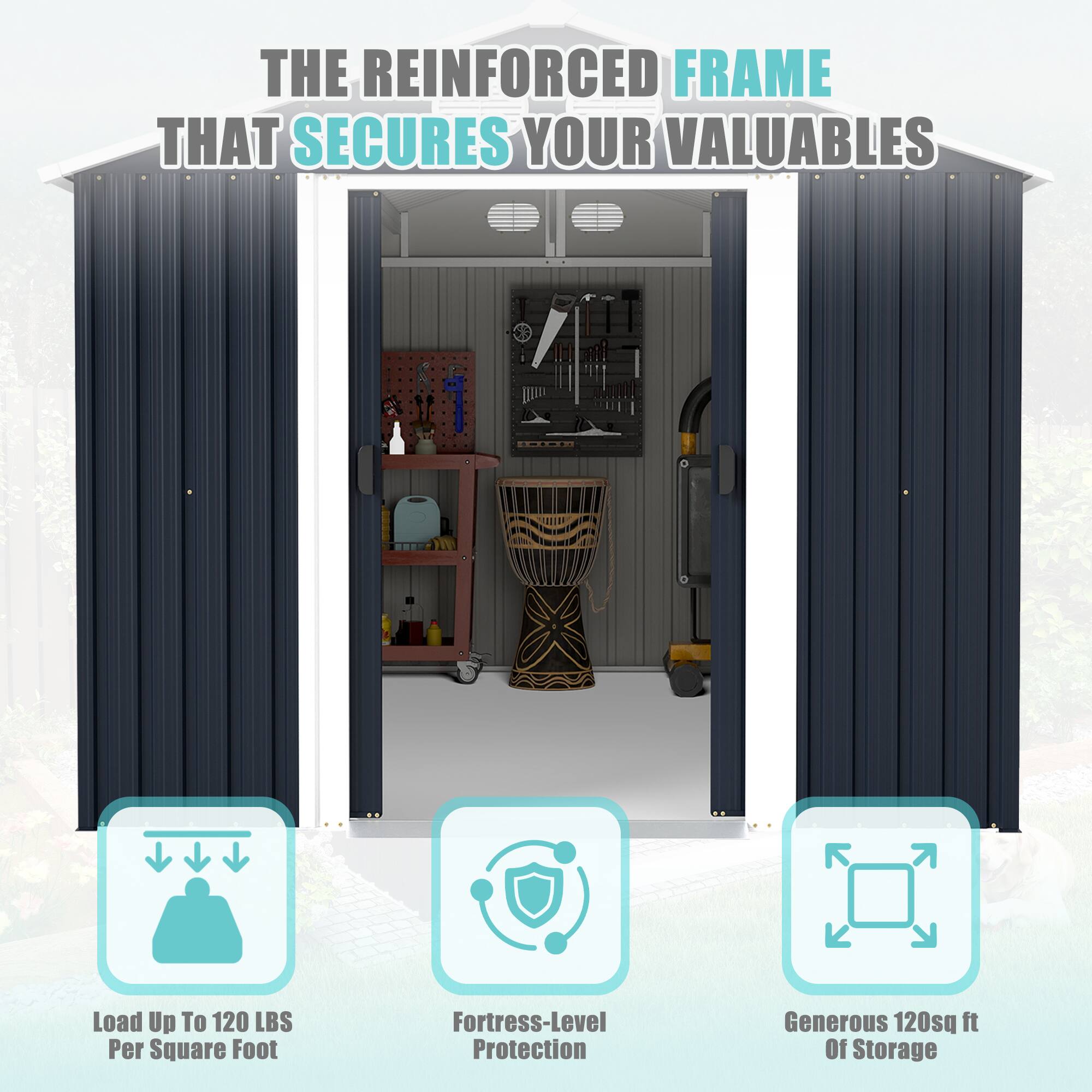 The reinforced frame that secures your valuables:

- Load up to 120 lbs per square foot
- Fortress-level protection
- Generous 120 sq ft of storage