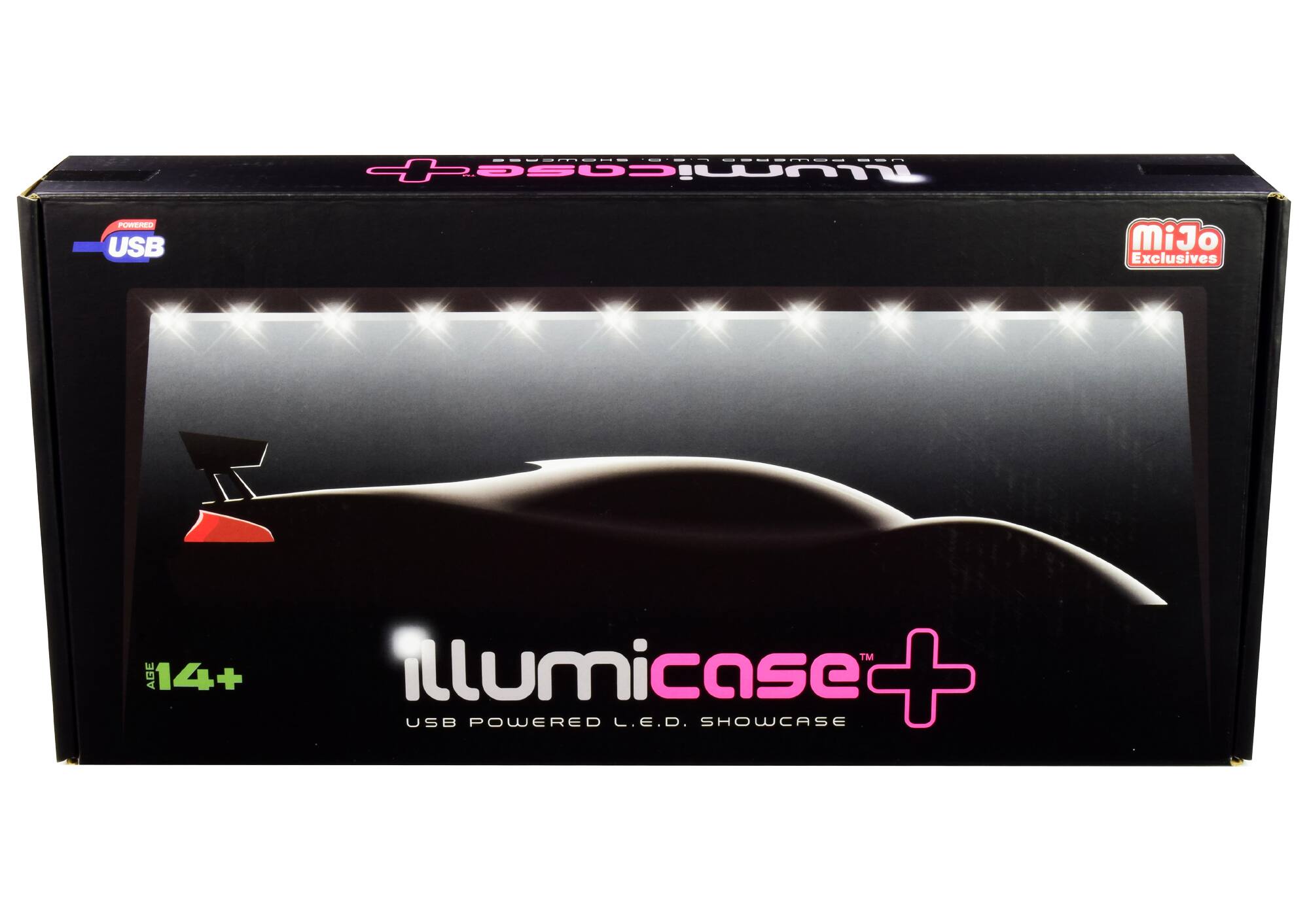 Sure, here is the corrected and grouped text from the image:

- **miJo Exclusives**
- **USB Powered L.E.D. Showcase**
- **Illumicase+**
- **USB Powered L.E.D. Showcase**
- **AGE 14+**
- **POWERED USB**