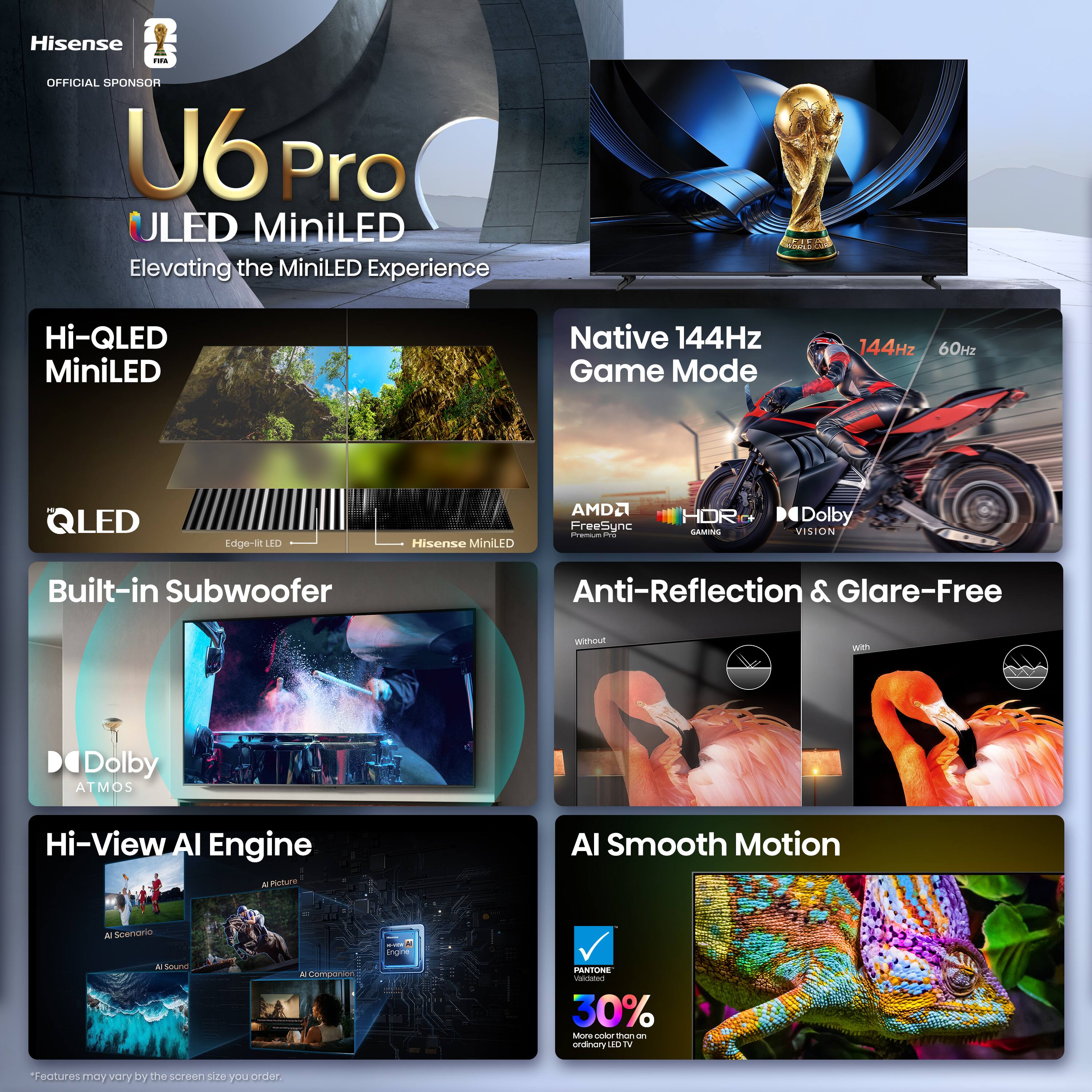 Hisense U6 Pro ULED MiniLED  
Elevating the MiniLED Experience  

Hi-QLED MiniLED  
Native 144Hz Game Mode  
144Hz 60Hz  

QLED  
Edge-II LED  
Hisense MiniLED  
AMD FreeSync  
HOR  
Dolby Vision  
Built-in Subwoofer  
Dolby Atmos  
Hi-View AI Engine  
Anti-Reflection & Glare-Free  
AI Smooth Motion  
PANTONE  
30% More Color than an ordinary LED TV  

Features may vary by screen size you order.