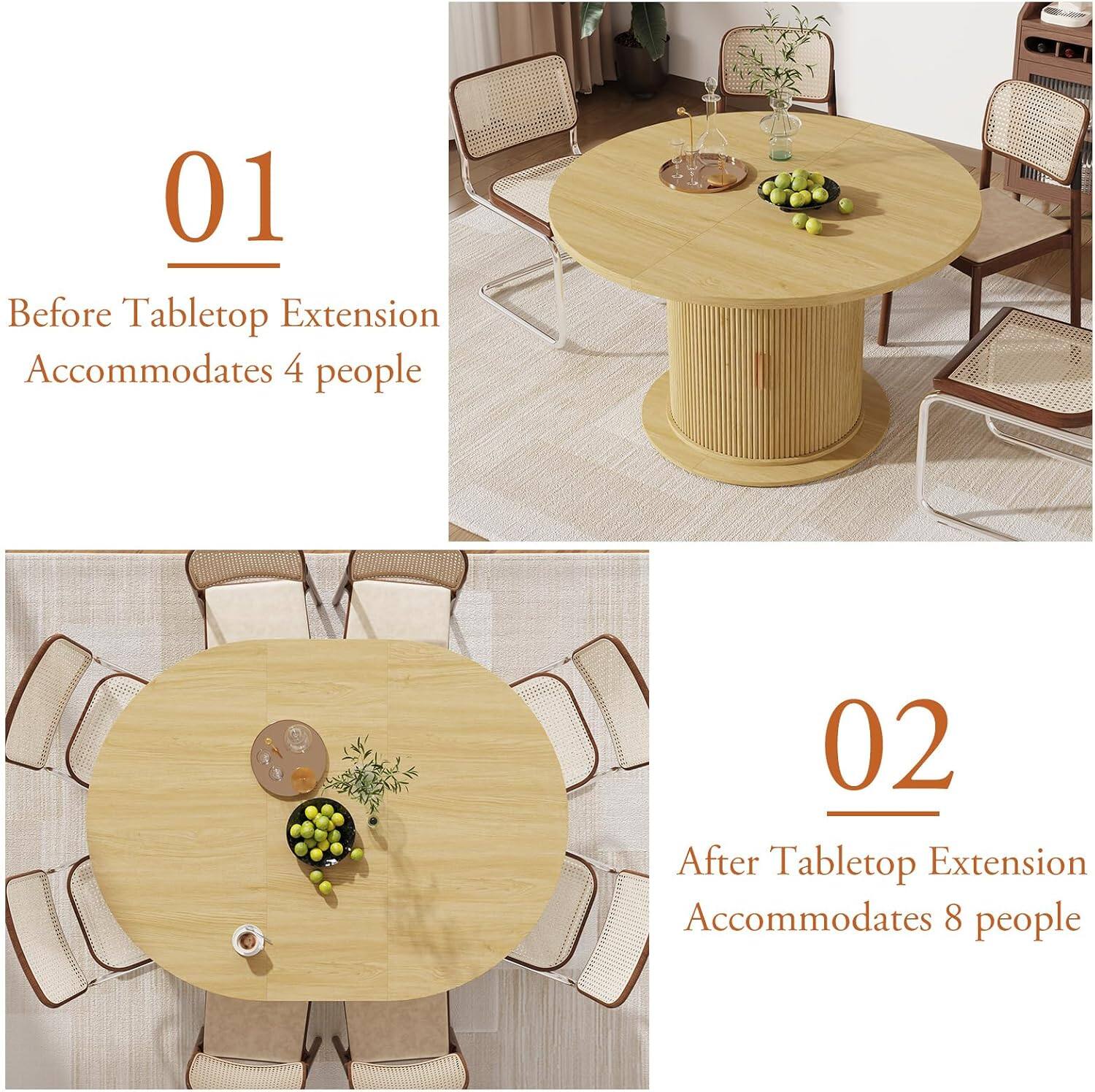 01 Before Tabletop Extension Accommodates 4 people  
02 After Tabletop Extension Accommodates 8 people