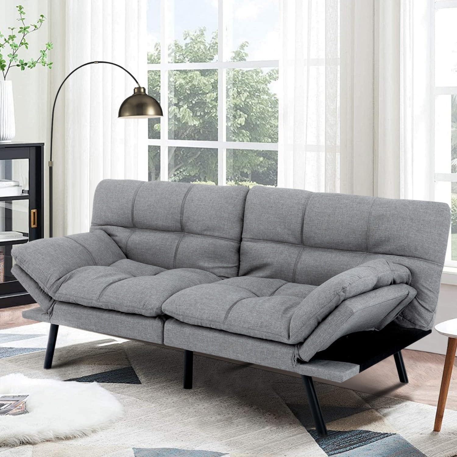 Dyonery - Futon Sofa Bed, Adjustable Backrest & Armrests, Multifunctional Small Loveseat Sleeper Sofa - Dark Gray