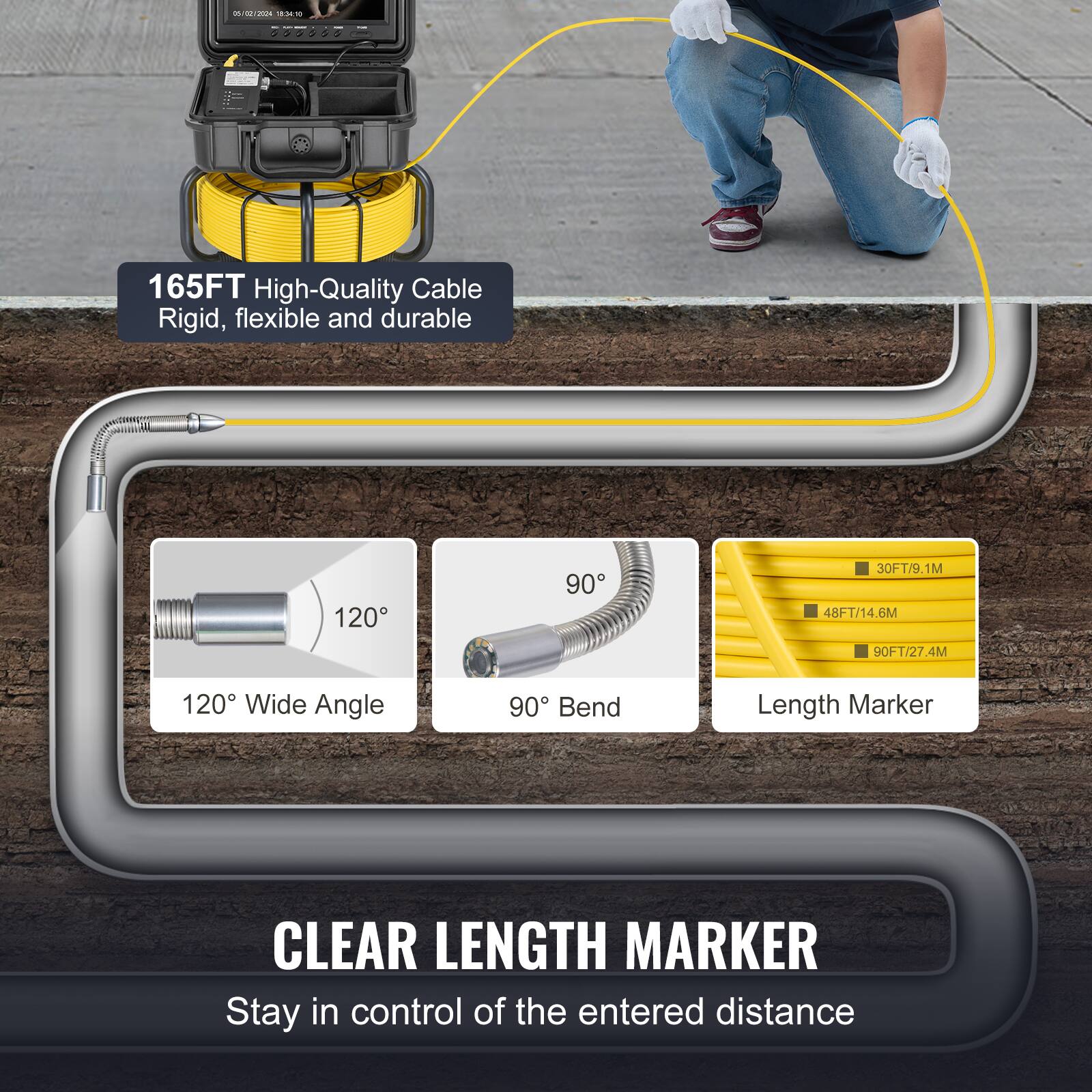 165FT High-Quality Cable  
Rigid, flexible and durable  

120° Wide Angle  
90° Bend  

Length Marker  
30FT/9.1M  
48FT/14.6M  
90FT/27.4M  

CLEAR LENGTH MARKER  
Stay in control of the entered distance