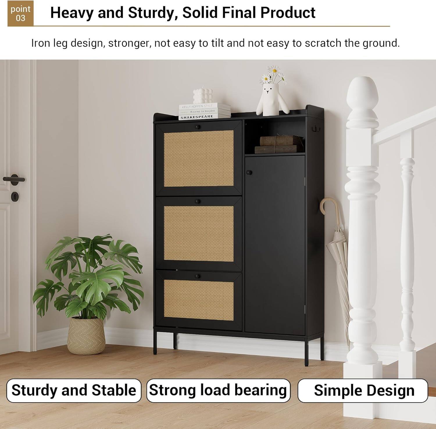 point 03  
Heavy and Sturdy, Solid Final Product  
Iron leg design, stronger, not easy to tilt and not easy to scratch the ground.  

Sturdy and Stable  
Strong load bearing  
Simple Design