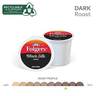 RECYCLABLE* K-CUP PODS  
NOT RECYCLED IN ALL COMMUNITIES  

DARK Roast  

Folgers  
Black Silk  
COFFEE  
KEURIG  

ROAST PROFILE  
Light  
Dark  

*Check locally for recycling options.