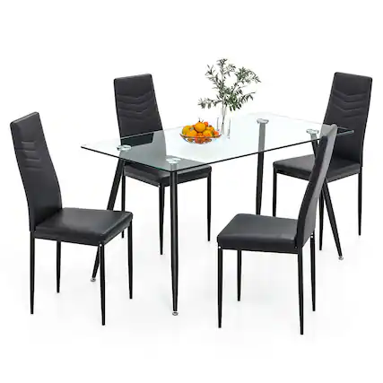 Front. Gymax - Gymax 5 PCS 51'' Rectangle Dining Set 0.3'' Thick Glass Table w/ 4 Padded Dining Chairs - Black.