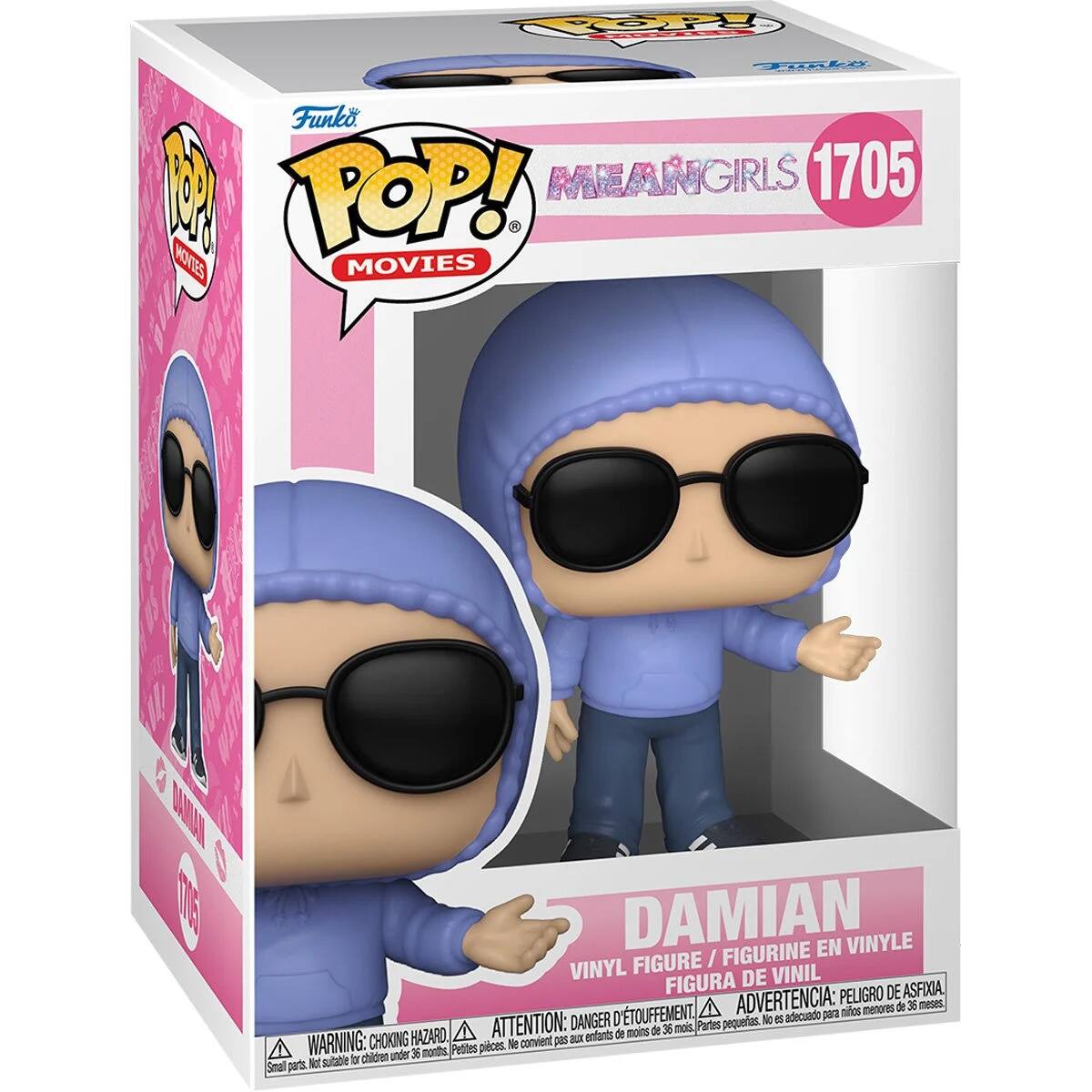 Sure, here is the corrected and grouped text from the image:

---

**Funko POP! MOVIES**

**MEANGIRLS 1705**

**DAMIAN**

VINYL FIGURE / FIGURINE EN VINYLE / FIGURA DE VINIL

**WARNING: CHOKING HAZARD**  
Small parts. Not suitable for children under 36 months.  
**ADVERTENCIA: PEIGRIO DE ASFIXIA**  
Pequeñas piezas. No conviene para niños menores de 36 meses.  
**ATTENTION: DANGER D'ÉTOUFFEMENT**  
Petites pièces. Ne convient pas aux enfants de moins de 36 mois.

---

This text is organized to reflect the information on the packaging, including the brand, series, character name, and safety warnings.