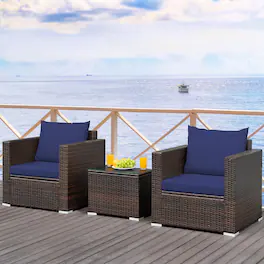 Costway - 3PCS Patio Rattan Furniture Set Conversation Sofa Cushioned - Navy