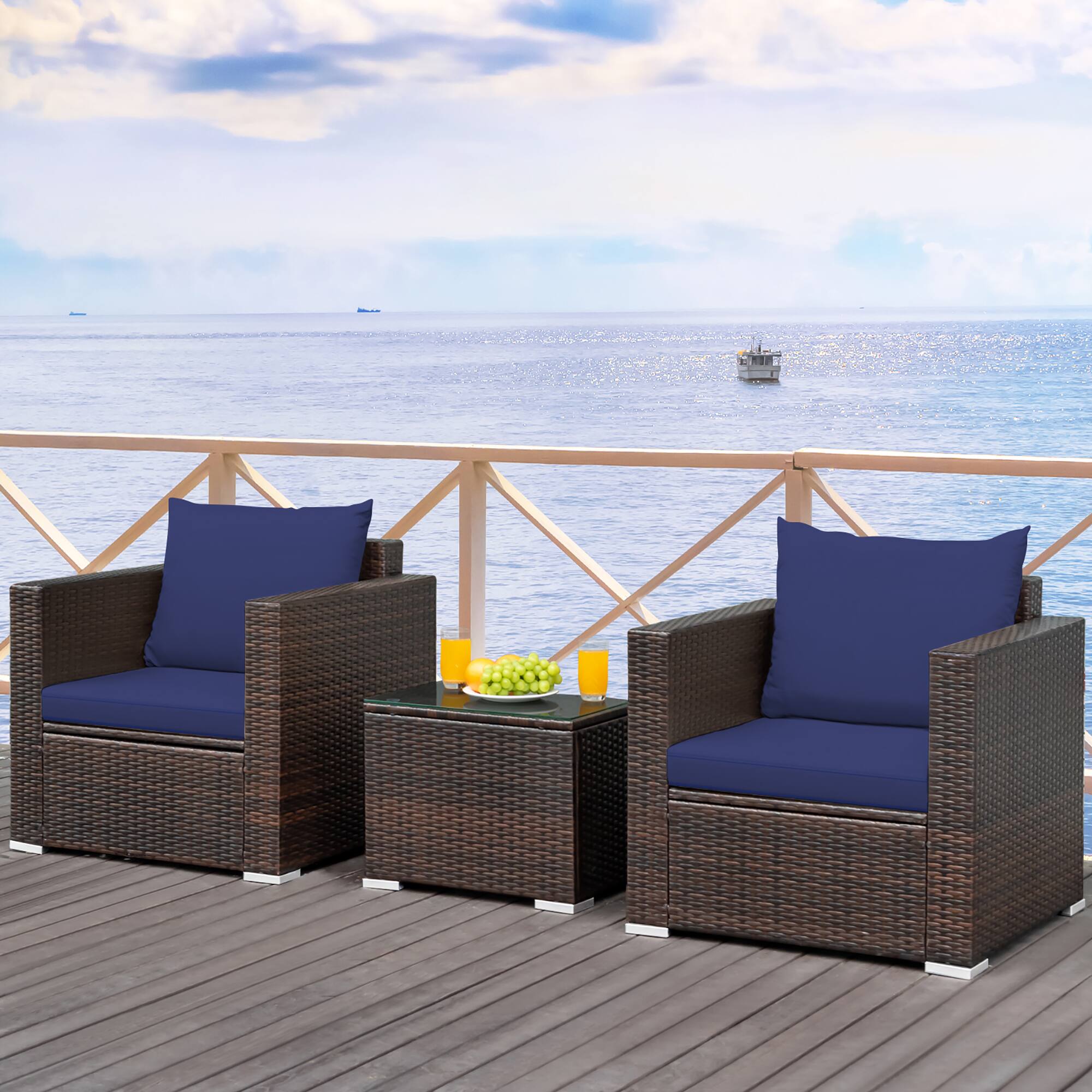 Alt View 1. Costway - Costway 3PCS Patio Rattan Furniture Set Conversation Sofa Cushioned - Navy.