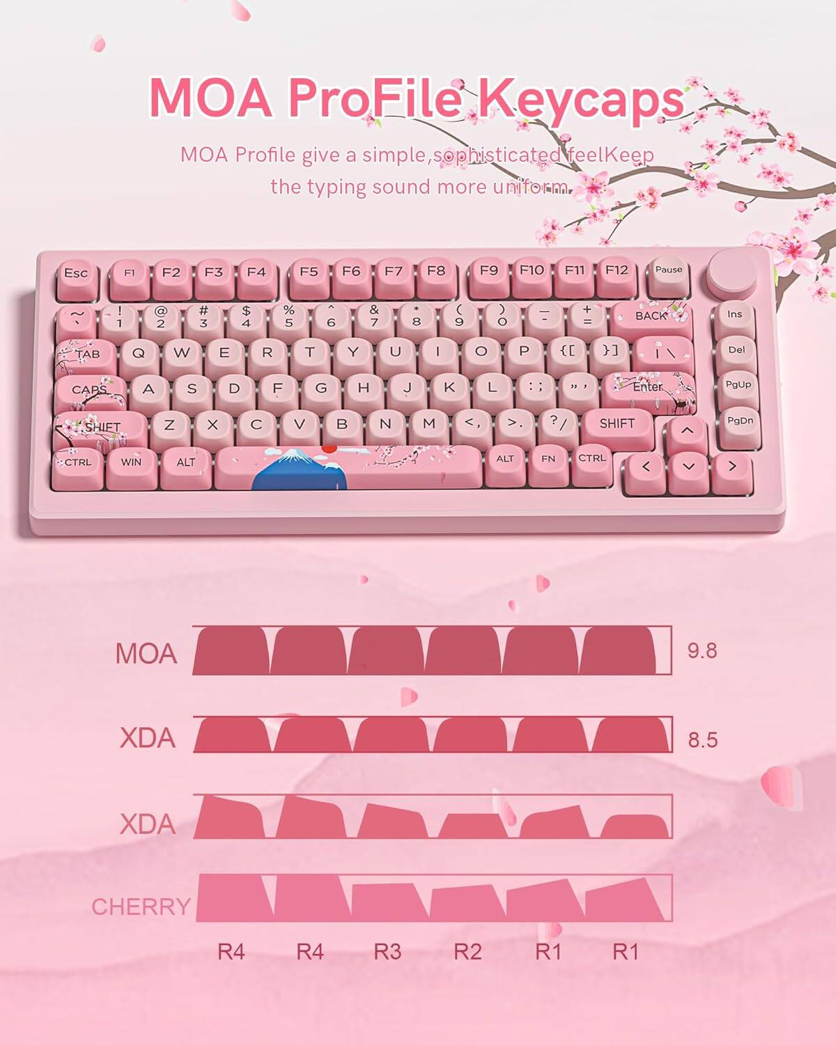 MOA ProFile Keycaps  
MOA Profile gives a simple, sophisticated feel. Keep the typing sound more uniform.  

Esc F1 F2 F3 F4 F5 F6 F7 F8 F9 F10 F11 F12 Pause ! 1 @ 2 # 3 $ 4 % 5 6 & 7 8 ( 9 ) 0 - + = BACK Ins TAB Q W E R T Y U I O P [ ] \ Del CAPS A S D F G H J K L : " Enter PgUp SHIFT Z X C V B N M , . / SHIFT PgDn CTRL WIN ALT ALT FN CTRL  

MOA 9.8  
XDA 8.5  
XDA  
CHERRY R4 R4 R3 R2 R1 R1