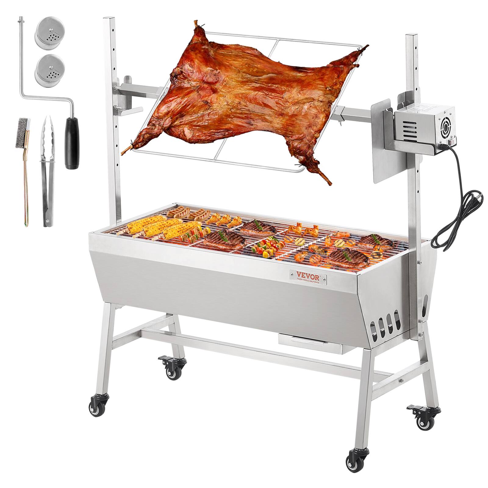 Front. VEVOR - Upgrade Rotisserie Grill, 35 Inch 90 Lbs Capacity, BBQ Whole Pig Lamb Goat Charcoal Spit Grill - Silver.