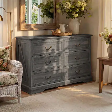 Front. FUFU & GAGA - Vintage 6-Drawer Dresser - Farmhouse Style Storage Chest with Bronze Hardware for Bedroom, Living Room, Entryway - Distressed gray.